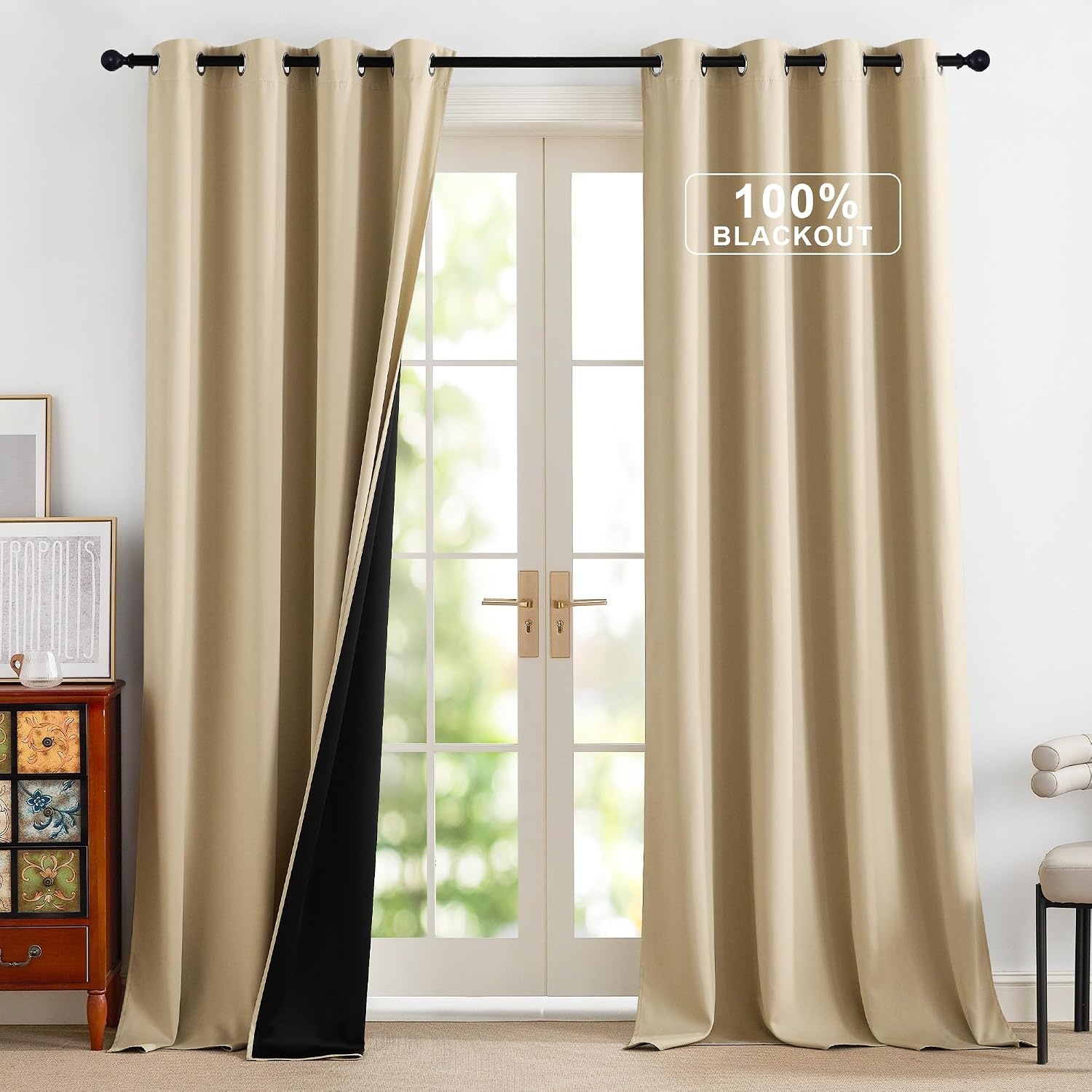 image:imageNICETOWN Boho Floral Curtains 100 Blackout for Living Room Bedroom 96 Inches Long Vintage Flower Drapes Thermal Insulated Soundproof Mid Century Botanica Grommet Window Treatment 52 W 2 PanelsBiscotti Beige