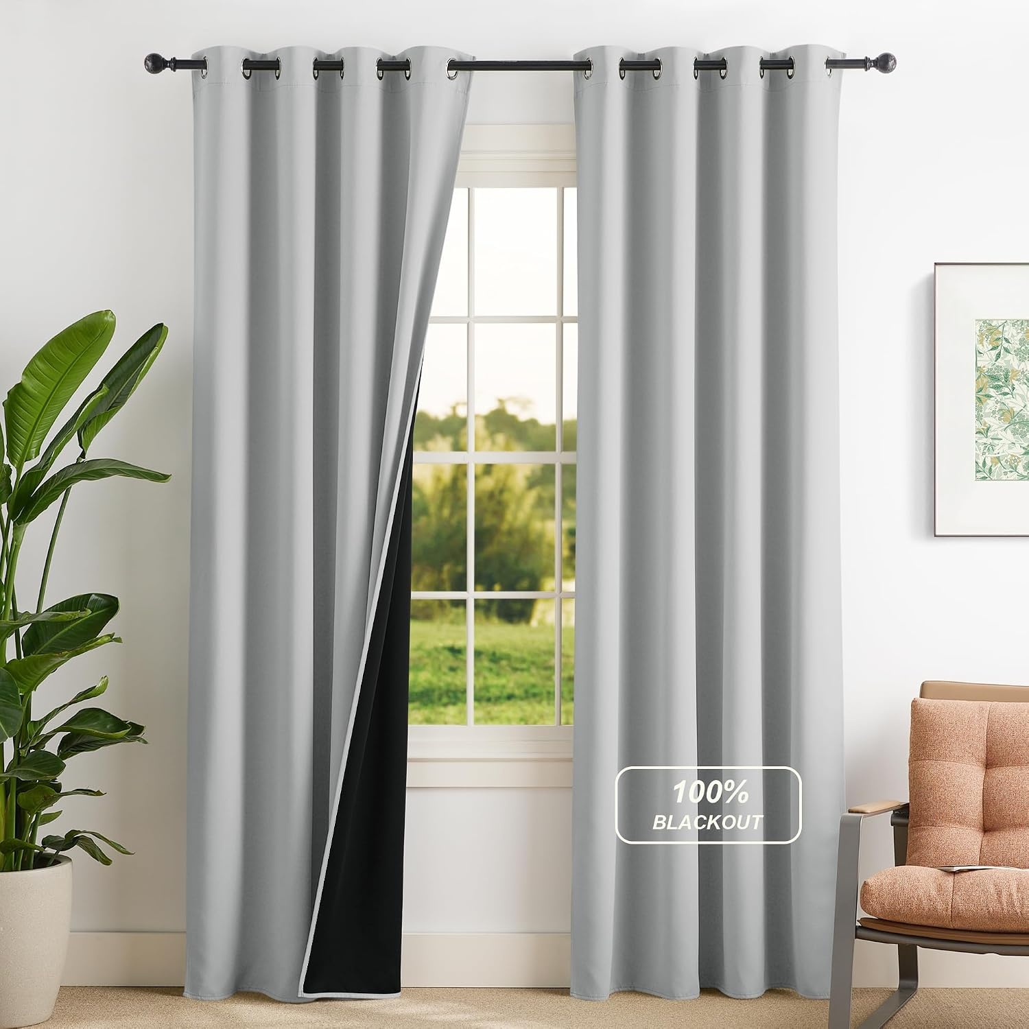 image:imageNICETOWN Boho Floral Curtains 100 Blackout for Living Room Bedroom 96 Inches Long Vintage Flower Drapes Thermal Insulated Soundproof Mid Century Botanica Grommet Window Treatment 52 W 2 PanelsSliver Grey