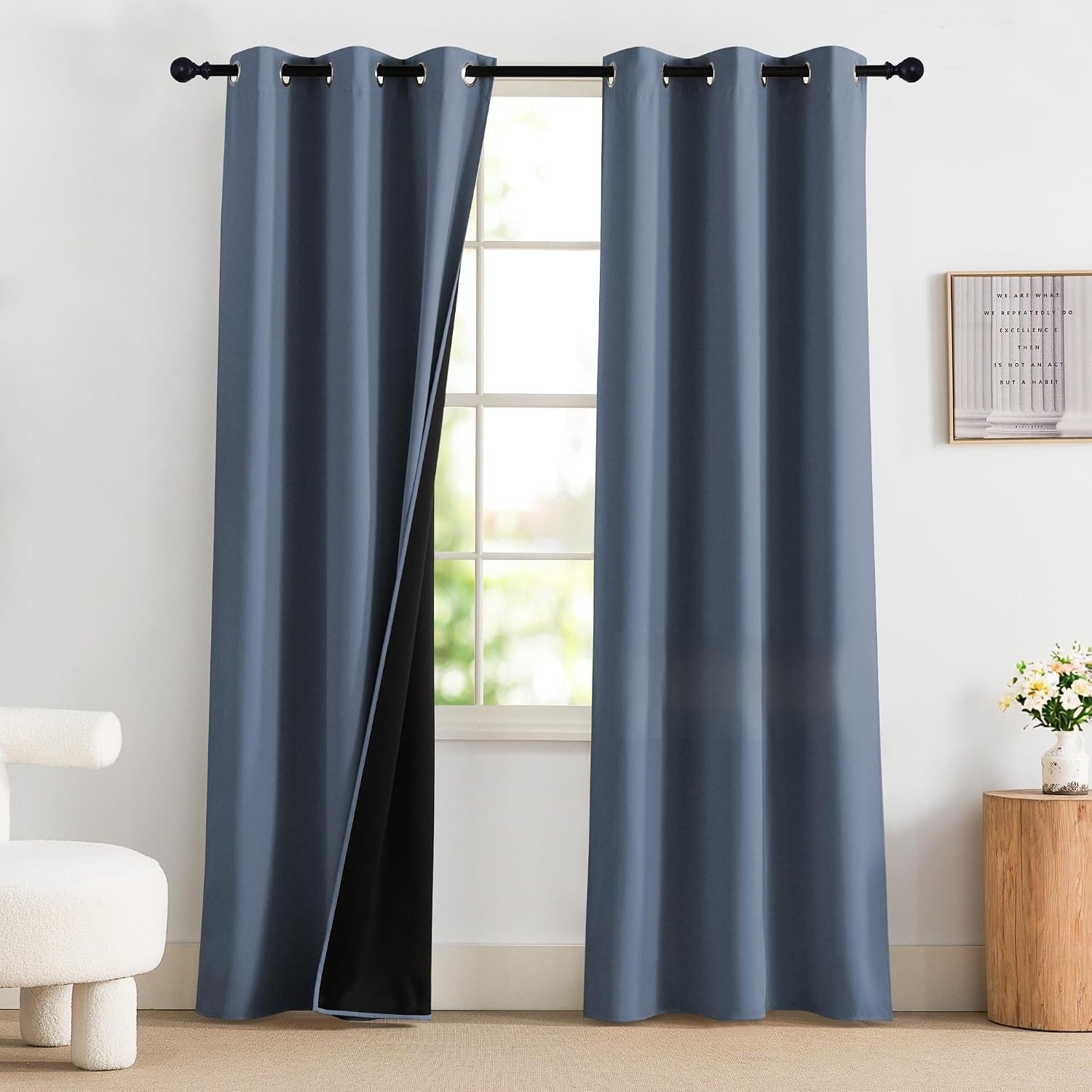 image:imageNICETOWN Boho Floral Curtains 100 Blackout for Living Room Bedroom 96 Inches Long Vintage Flower Drapes Thermal Insulated Soundproof Mid Century Botanica Grommet Window Treatment 52 W 2 PanelsStone Blue
