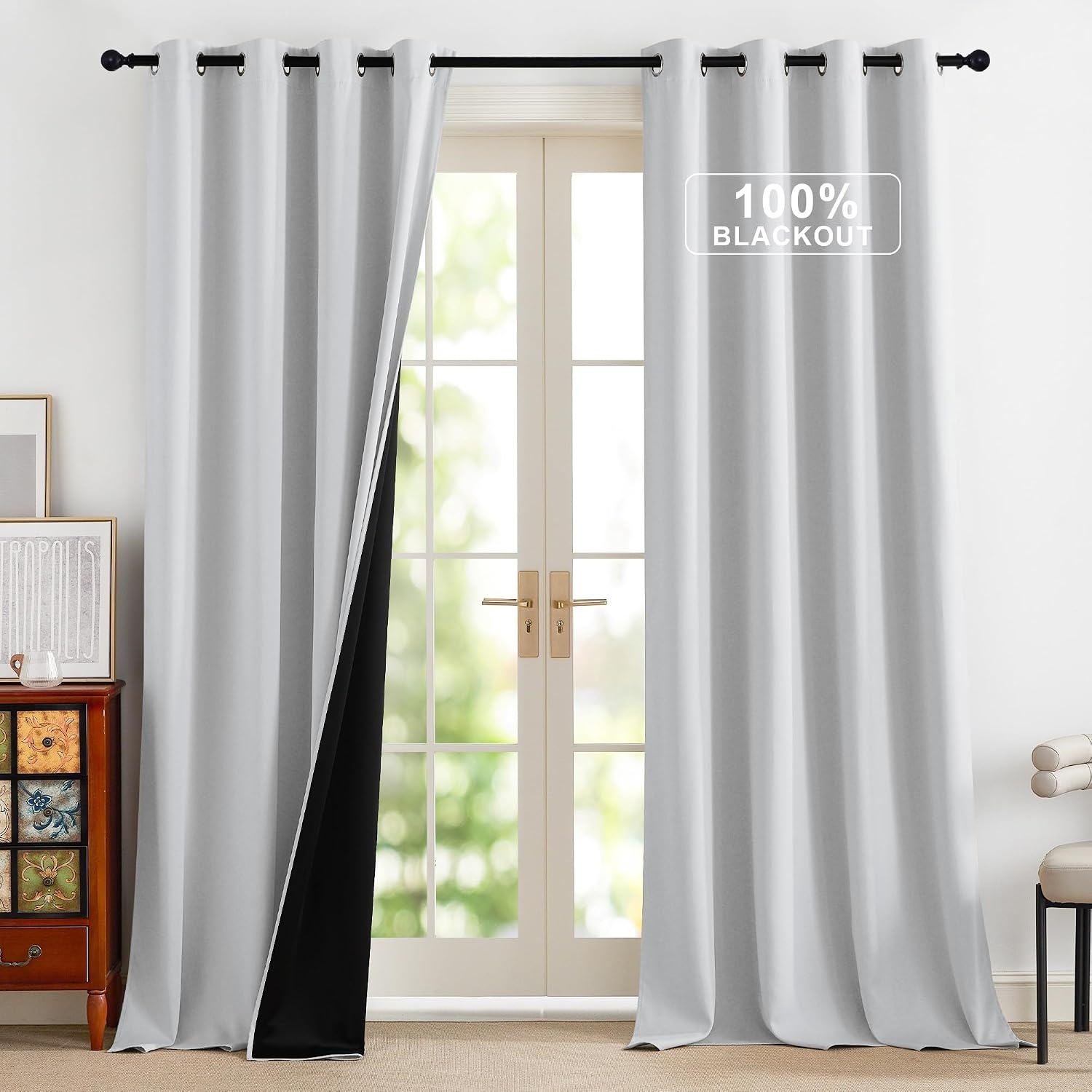 image:imageNICETOWN Boho Floral Curtains 100 Blackout for Living Room Bedroom 96 Inches Long Vintage Flower Drapes Thermal Insulated Soundproof Mid Century Botanica Grommet Window Treatment 52 W 2 PanelsGreyish White