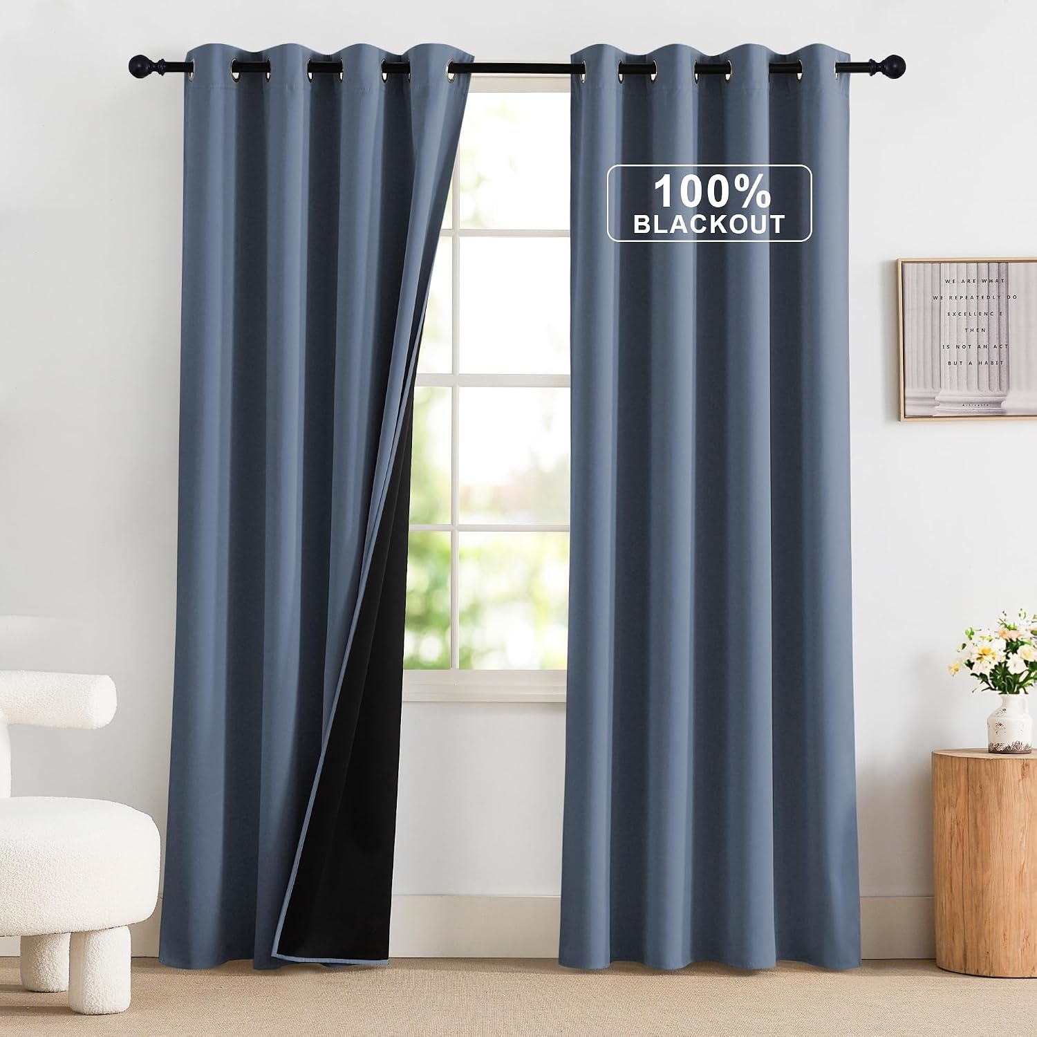 image:imageNICETOWN Boho Floral Curtains 100 Blackout for Living Room Bedroom 96 Inches Long Vintage Flower Drapes Thermal Insulated Soundproof Mid Century Botanica Grommet Window Treatment 52 W 2 PanelsStone Blue