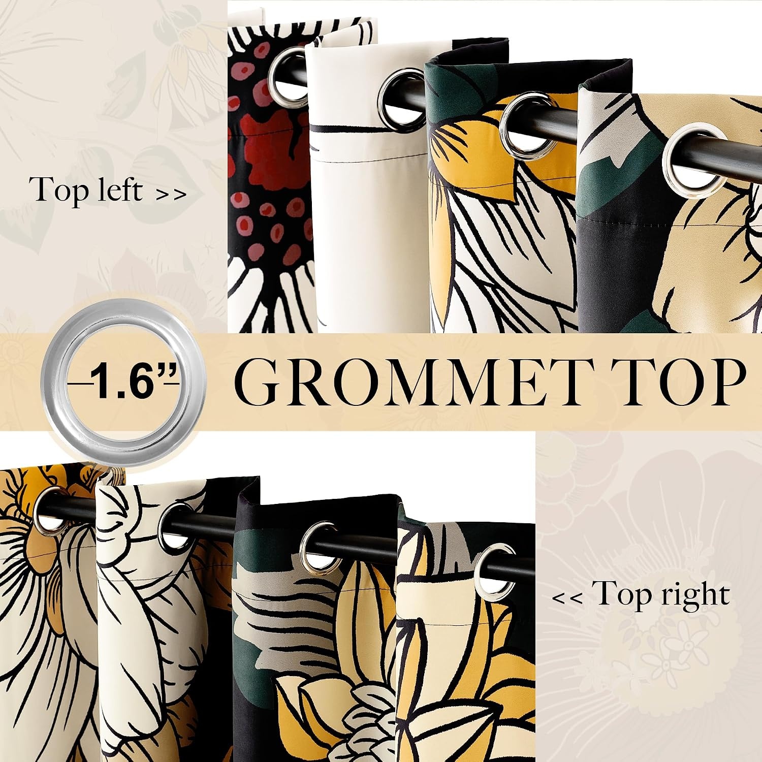 image:imageNICETOWN Boho Floral Curtains 100 Blackout for Living Room Bedroom 96 Inches Long Vintage Flower Drapes Thermal Insulated Soundproof Mid Century Botanica Grommet Window Treatment 52 W 2 PanelsBoho Floral Black
