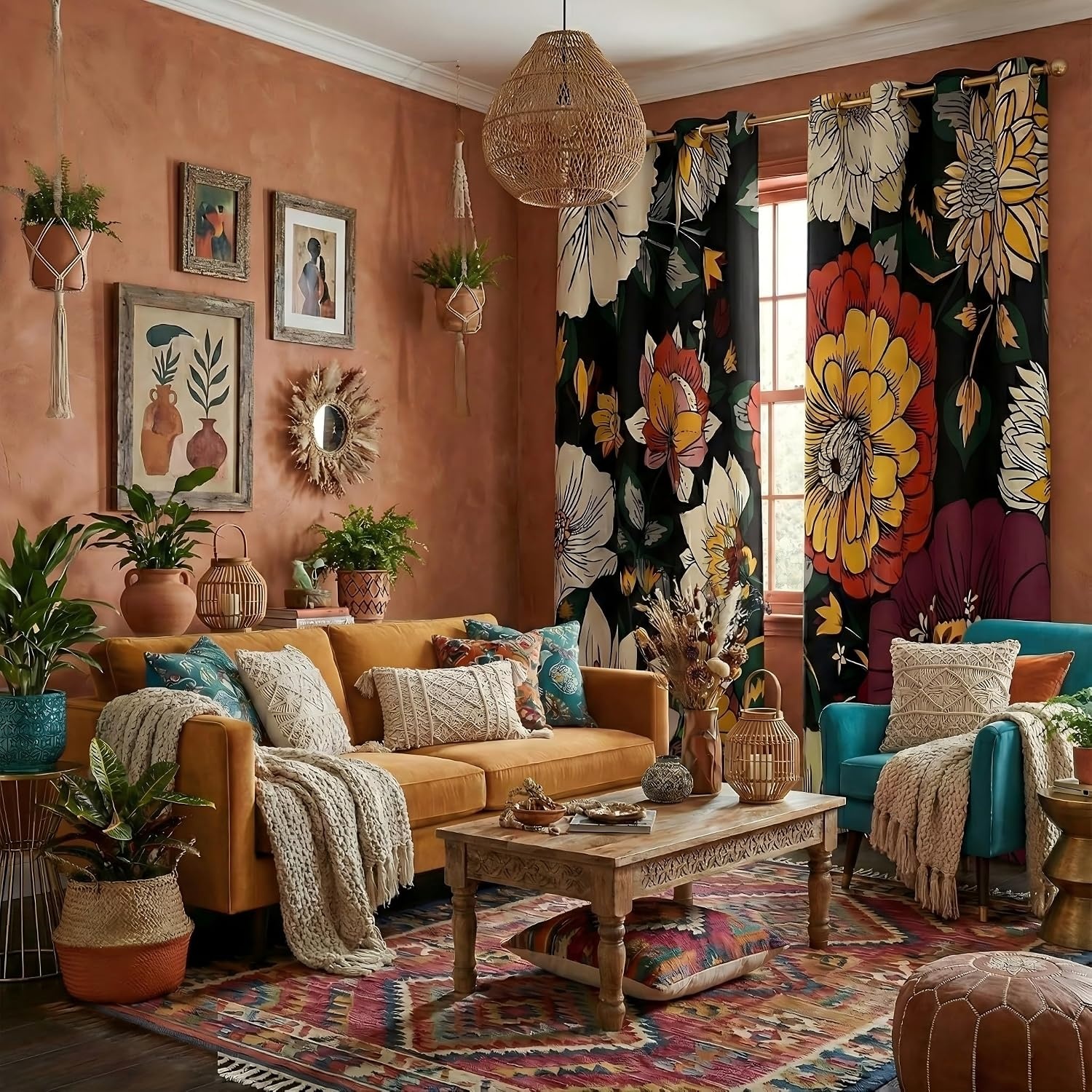 image:imageNICETOWN Boho Floral Curtains 100 Blackout for Living Room Bedroom 96 Inches Long Vintage Flower Drapes Thermal Insulated Soundproof Mid Century Botanica Grommet Window Treatment 52 W 2 PanelsBoho Floral Black