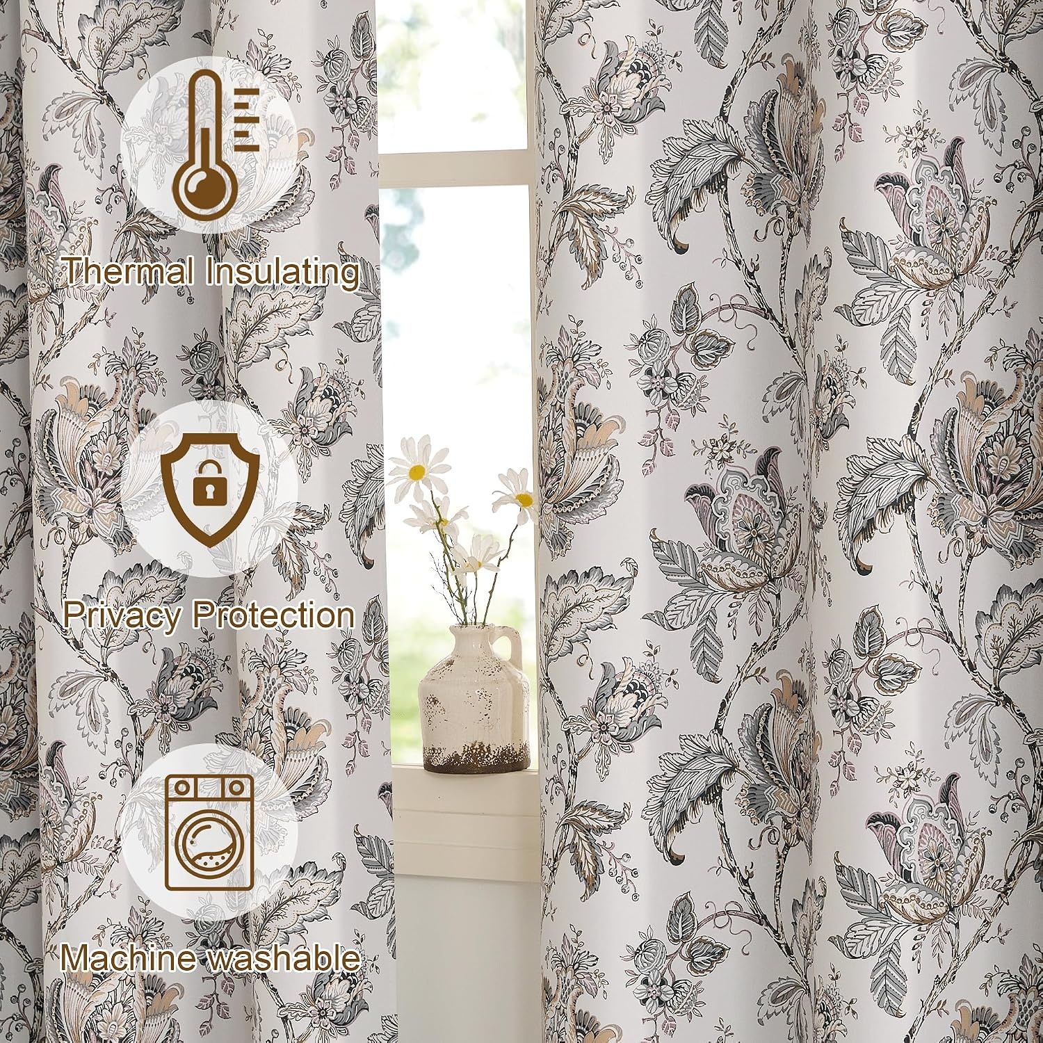 image:imageNICETOWN Boho Floral Curtains 100 Blackout for Living Room Bedroom 96 Inches Long Vintage Flower Drapes Thermal Insulated Soundproof Mid Century Botanica Grommet Window Treatment 52 W 2 PanelsFloral Off White