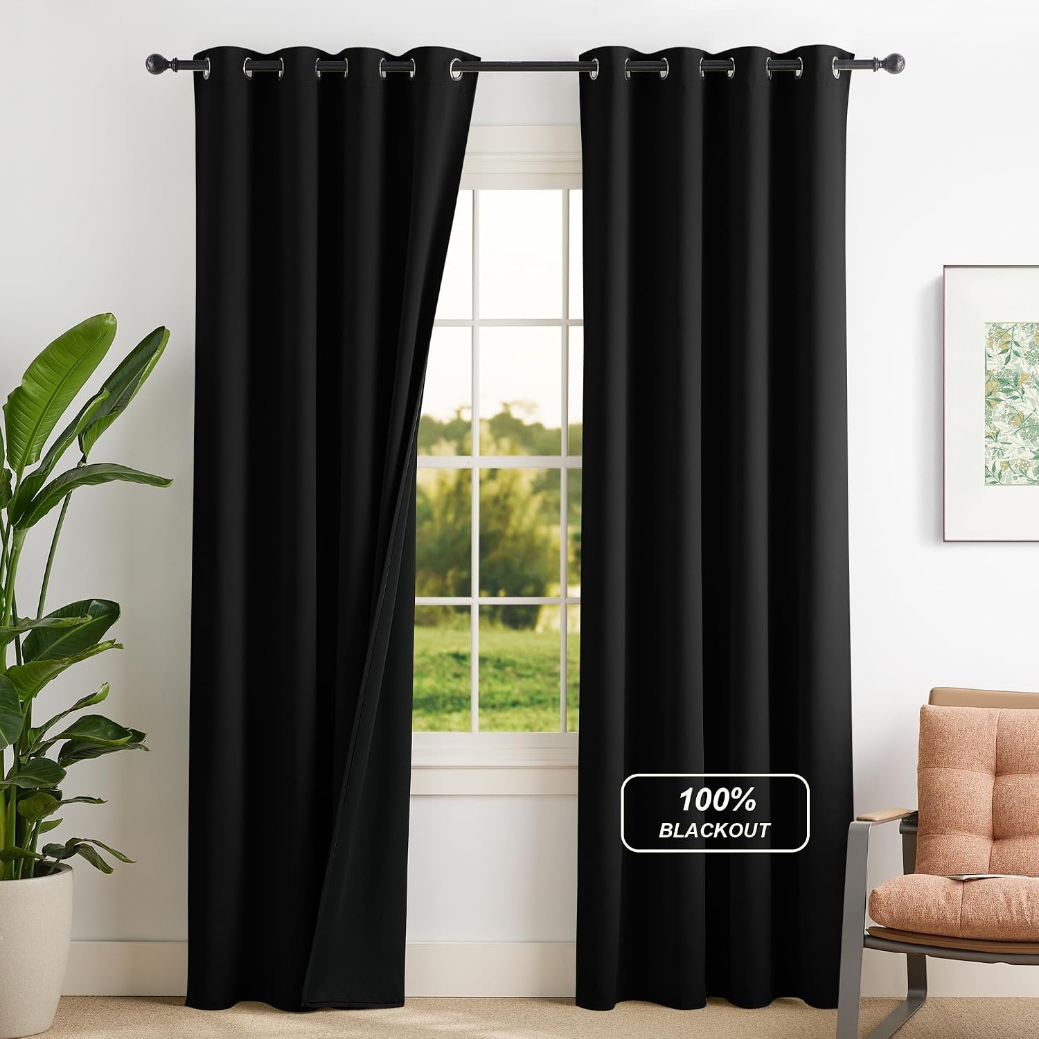 image:imageNICETOWN Boho Floral Curtains 100 Blackout for Living Room Bedroom 96 Inches Long Vintage Flower Drapes Thermal Insulated Soundproof Mid Century Botanica Grommet Window Treatment 52 W 2 PanelsBlack