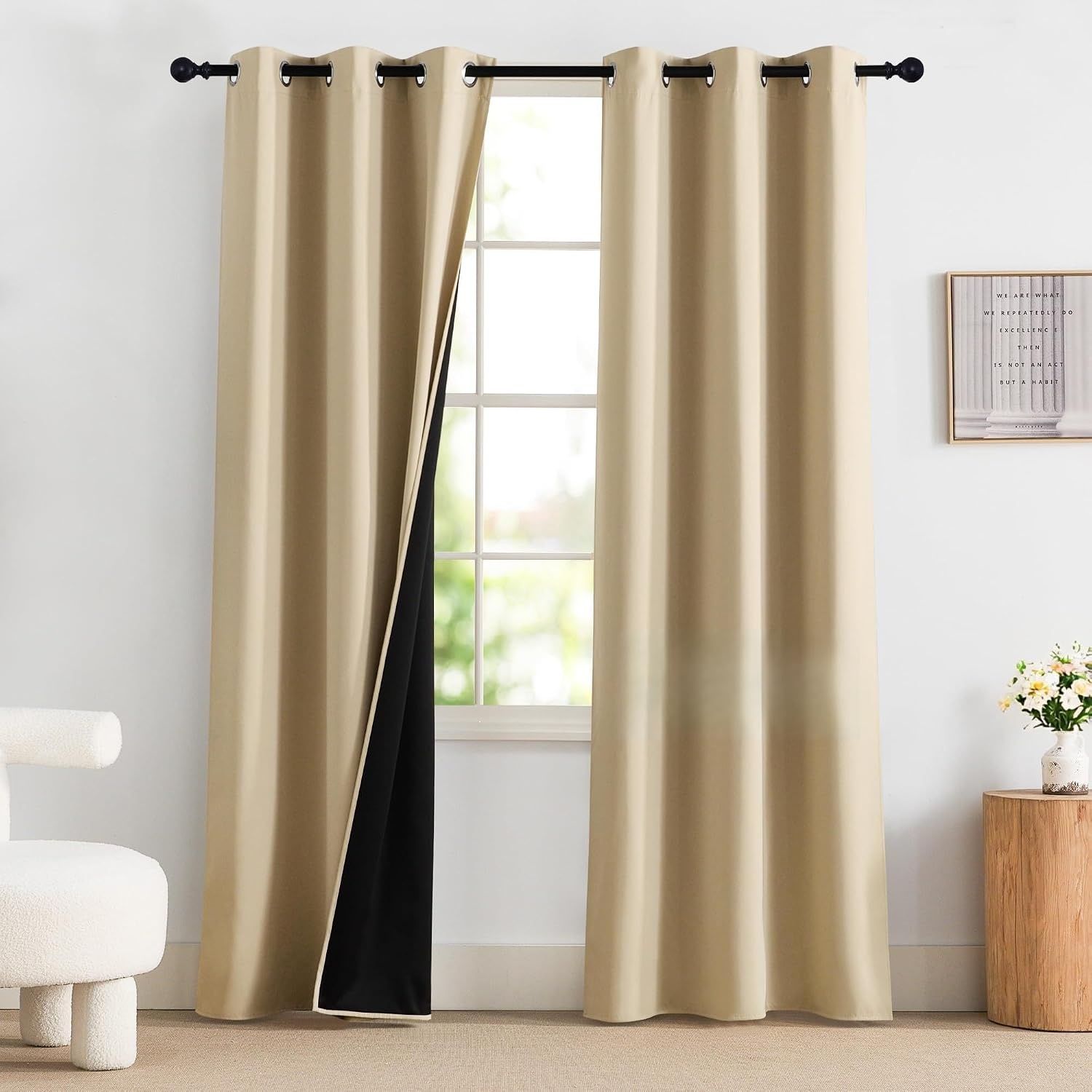 image:imageNICETOWN Boho Floral Curtains 100 Blackout for Living Room Bedroom 96 Inches Long Vintage Flower Drapes Thermal Insulated Soundproof Mid Century Botanica Grommet Window Treatment 52 W 2 PanelsBiscotti Beige