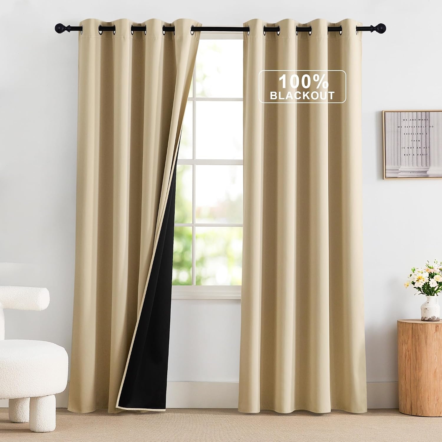 image:imageNICETOWN Boho Floral Curtains 100 Blackout for Living Room Bedroom 96 Inches Long Vintage Flower Drapes Thermal Insulated Soundproof Mid Century Botanica Grommet Window Treatment 52 W 2 PanelsBiscotti Beige