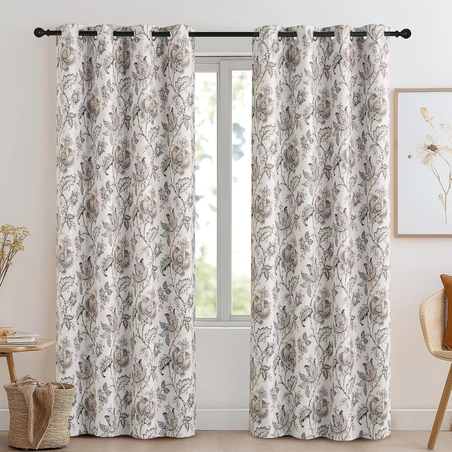 image:imageNICETOWN Boho Floral Curtains 100 Blackout for Living Room Bedroom 96 Inches Long Vintage Flower Drapes Thermal Insulated Soundproof Mid Century Botanica Grommet Window Treatment 52 W 2 PanelsFloral Off White