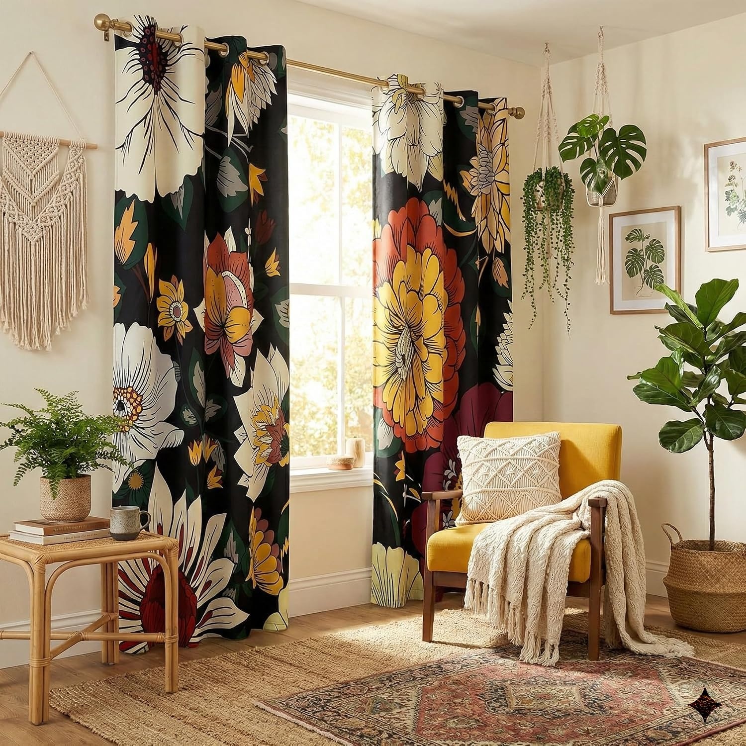 image:imageNICETOWN Boho Floral Curtains 100 Blackout for Living Room Bedroom 96 Inches Long Vintage Flower Drapes Thermal Insulated Soundproof Mid Century Botanica Grommet Window Treatment 52 W 2 PanelsBoho Floral Black