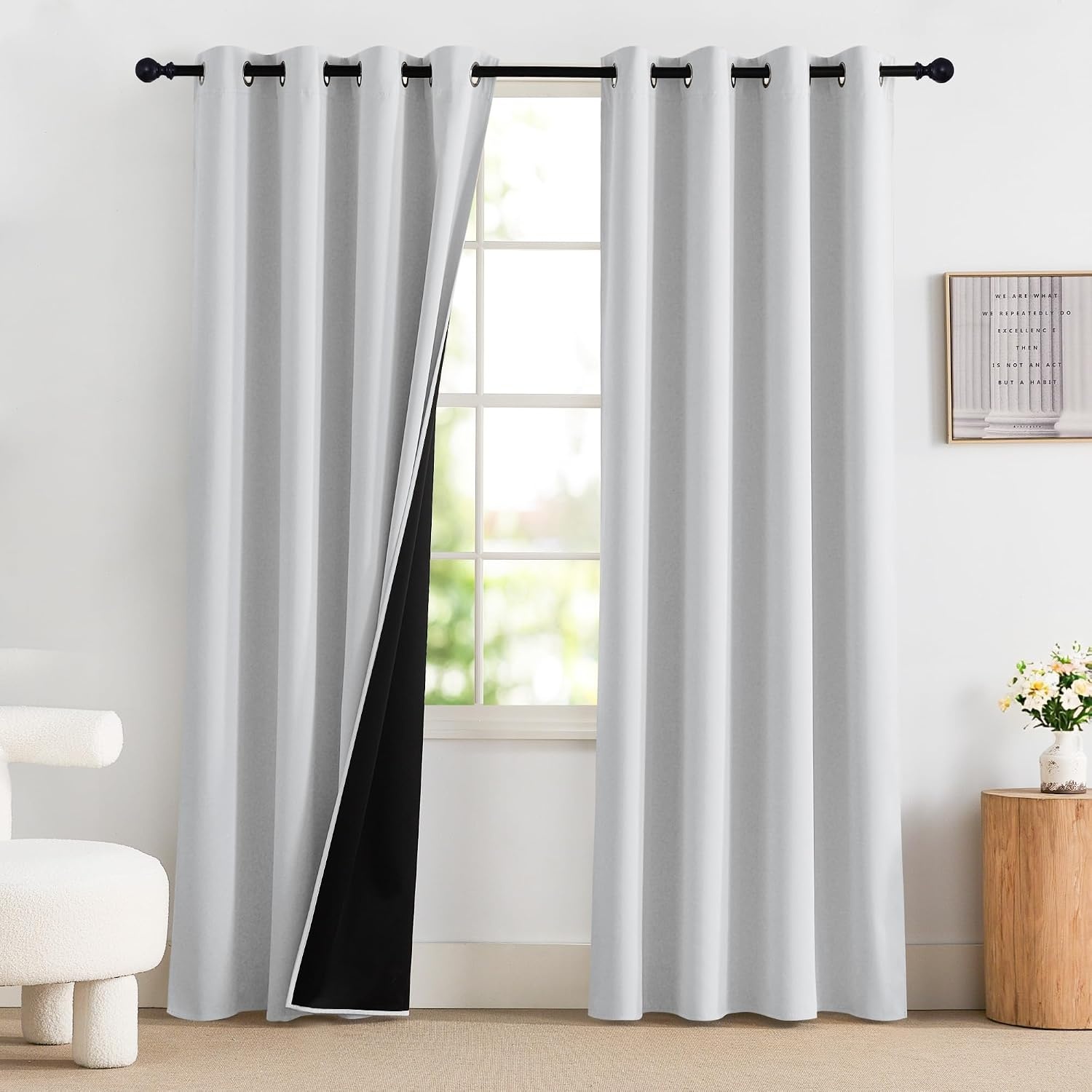 image:imageNICETOWN Boho Floral Curtains 100 Blackout for Living Room Bedroom 96 Inches Long Vintage Flower Drapes Thermal Insulated Soundproof Mid Century Botanica Grommet Window Treatment 52 W 2 PanelsGreyish White