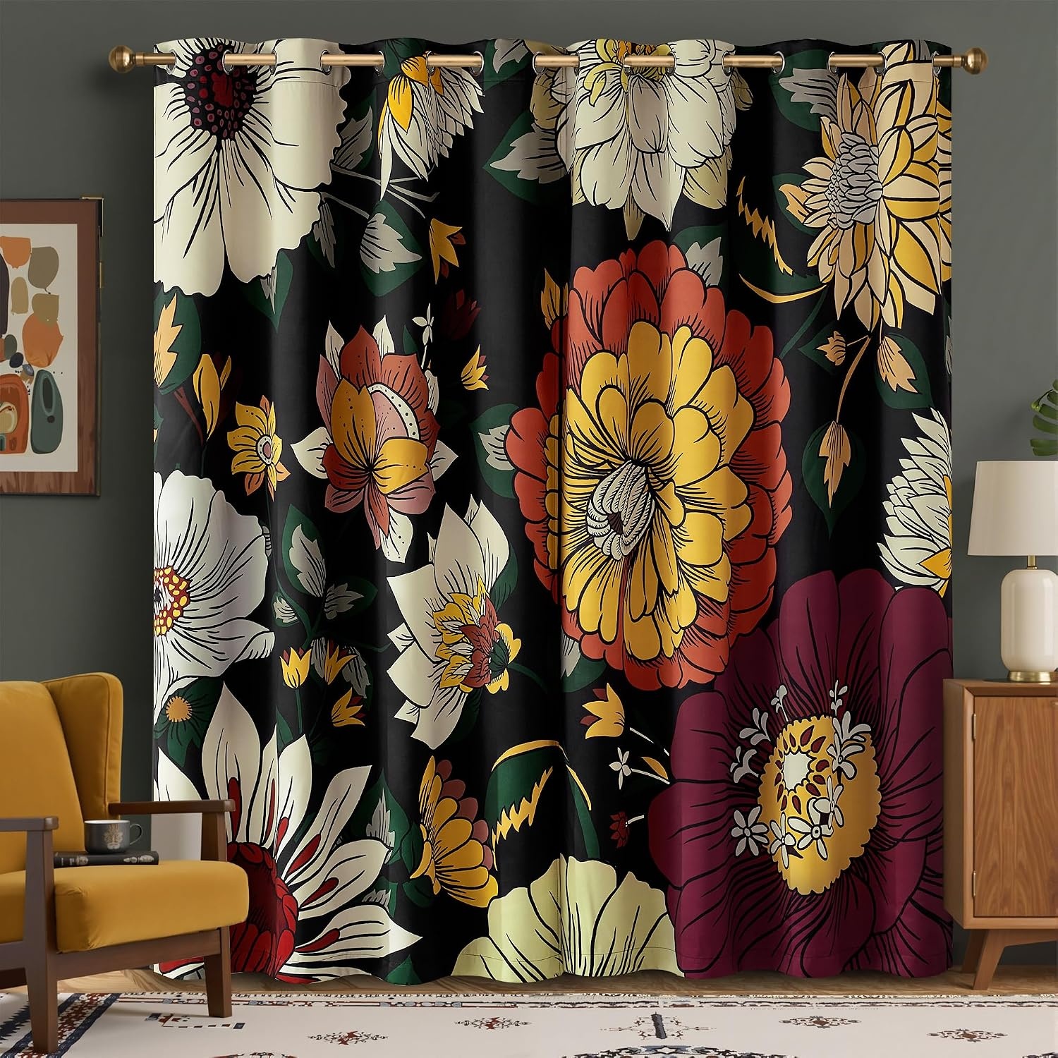 image:imageNICETOWN Boho Floral Curtains 100 Blackout for Living Room Bedroom 96 Inches Long Vintage Flower Drapes Thermal Insulated Soundproof Mid Century Botanica Grommet Window Treatment 52 W 2 PanelsBoho Floral Black