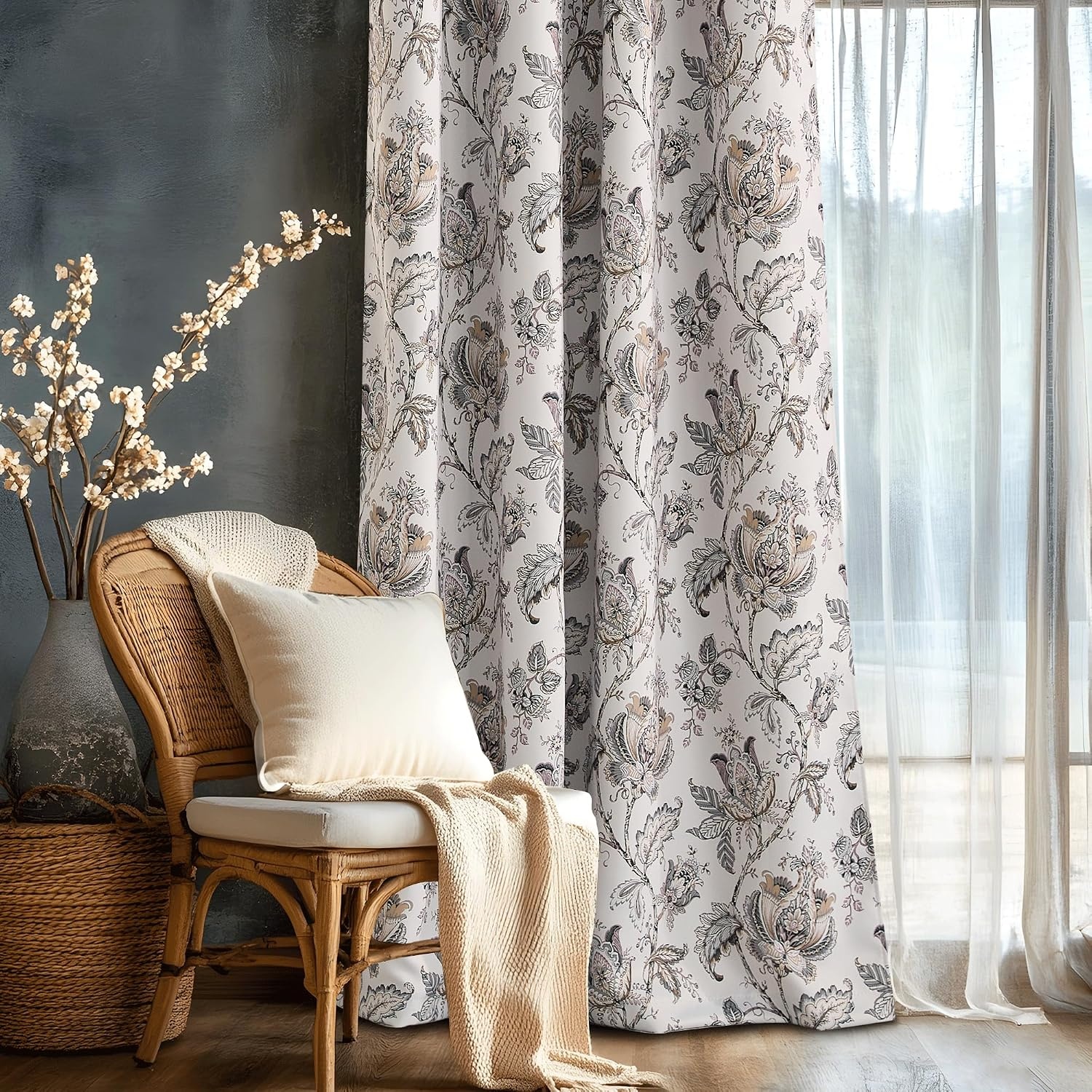 image:imageNICETOWN Boho Floral Curtains 100 Blackout for Living Room Bedroom 96 Inches Long Vintage Flower Drapes Thermal Insulated Soundproof Mid Century Botanica Grommet Window Treatment 52 W 2 PanelsFloral Off White