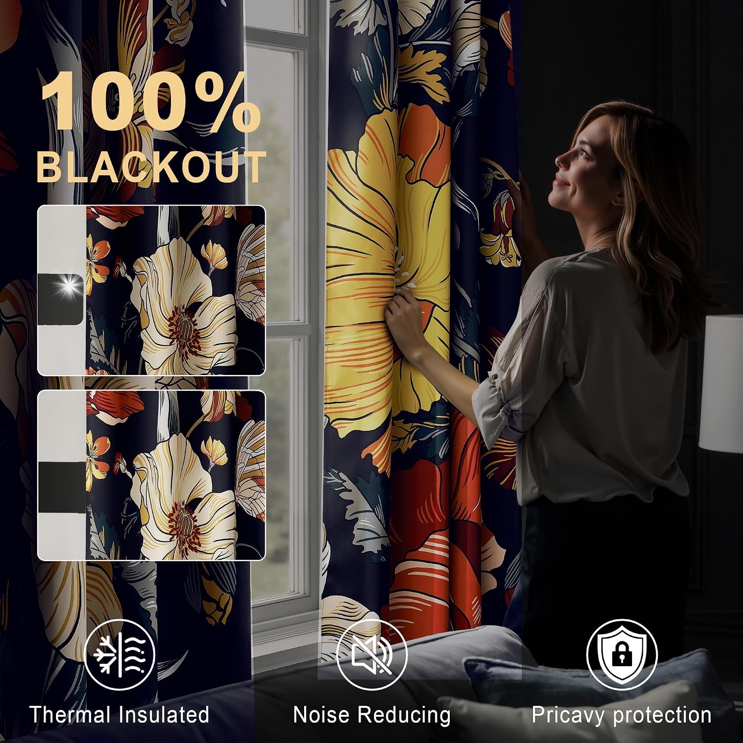 image:imageNICETOWN Boho Floral Curtains 100 Blackout for Living Room Bedroom 96 Inches Long Vintage Flower Drapes Thermal Insulated Soundproof Mid Century Botanica Grommet Window Treatment 52 W 2 PanelsBoho Floral Navy Blue
