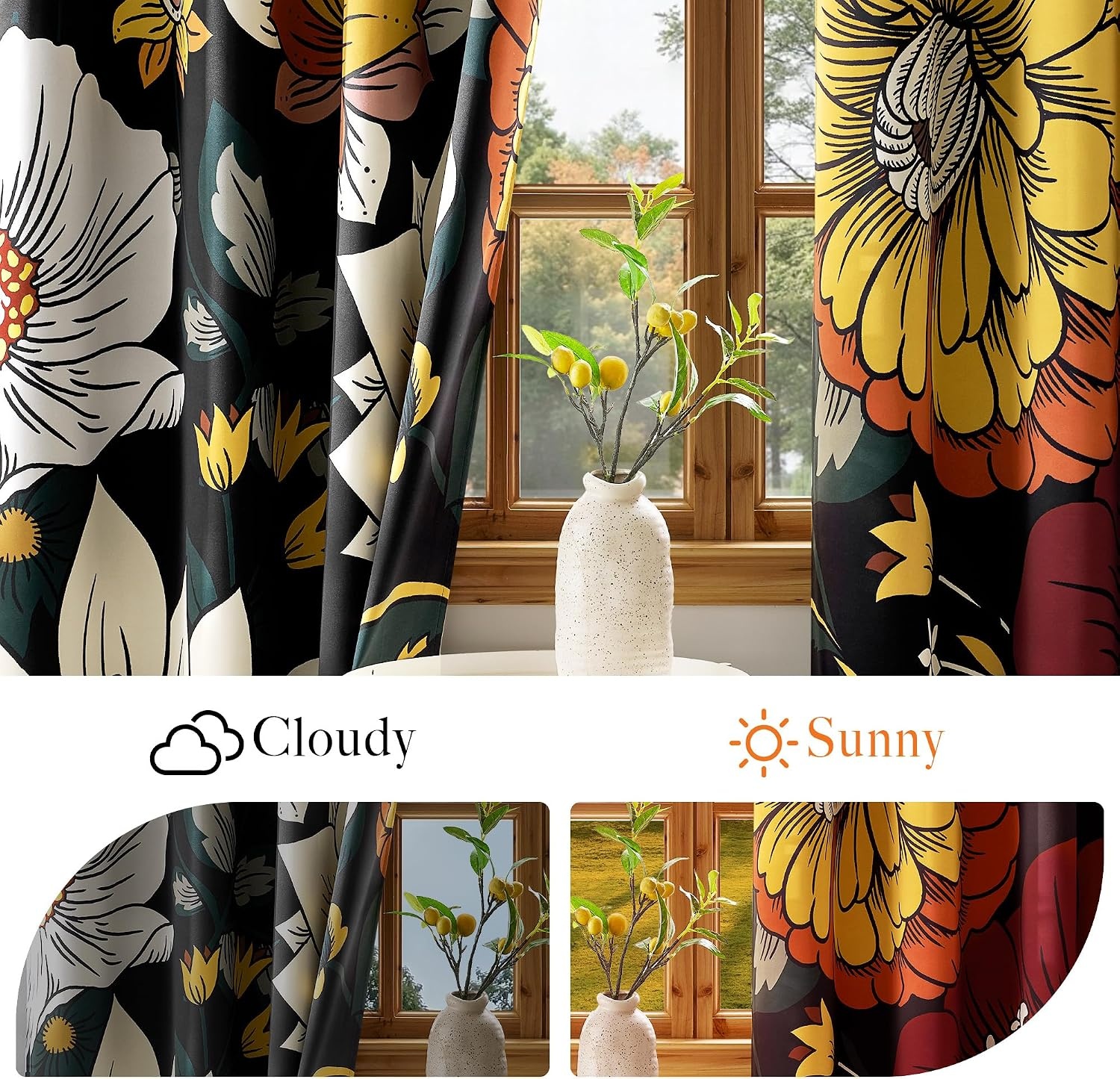 image:imageNICETOWN Boho Floral Curtains 100 Blackout for Living Room Bedroom 96 Inches Long Vintage Flower Drapes Thermal Insulated Soundproof Mid Century Botanica Grommet Window Treatment 52 W 2 PanelsBoho Floral Black
