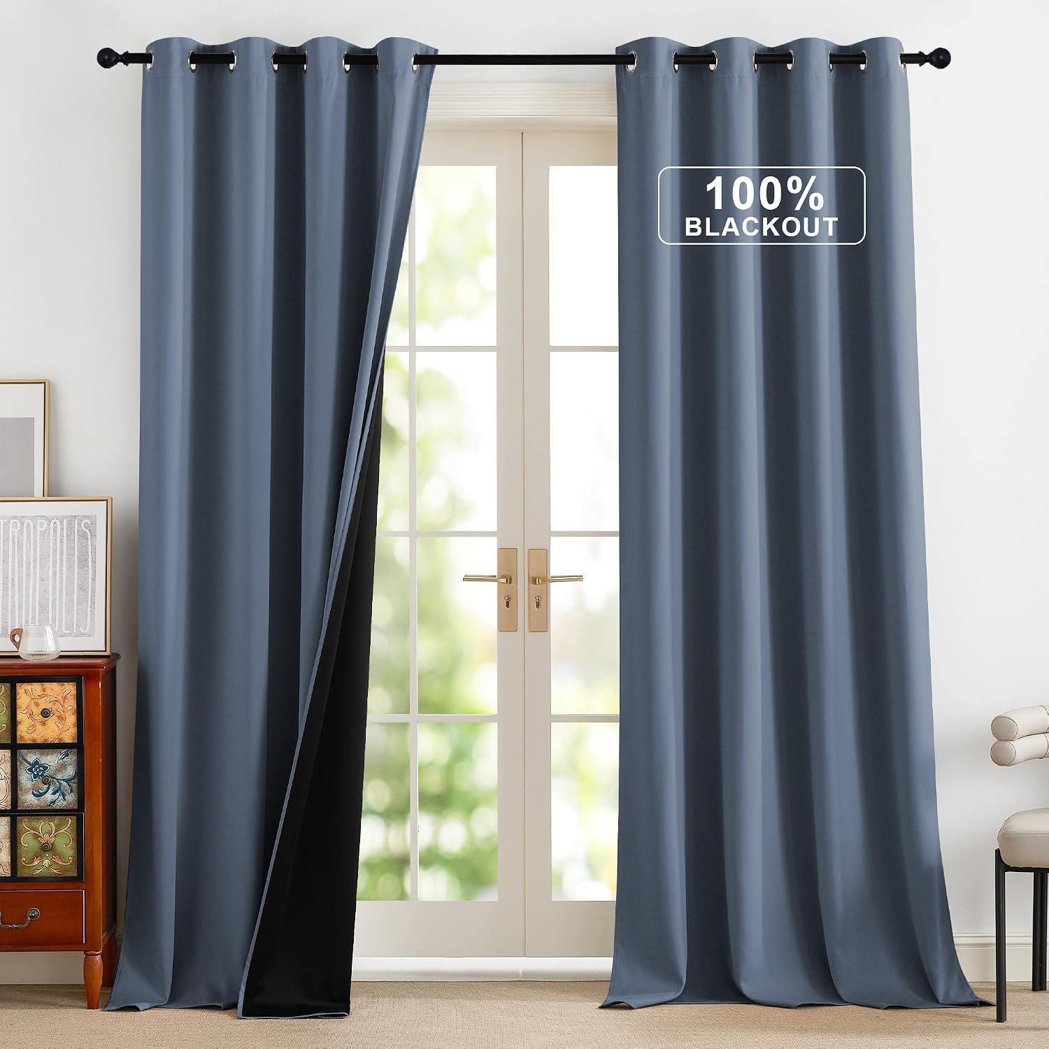 image:imageNICETOWN Boho Floral Curtains 100 Blackout for Living Room Bedroom 96 Inches Long Vintage Flower Drapes Thermal Insulated Soundproof Mid Century Botanica Grommet Window Treatment 52 W 2 PanelsStone Blue