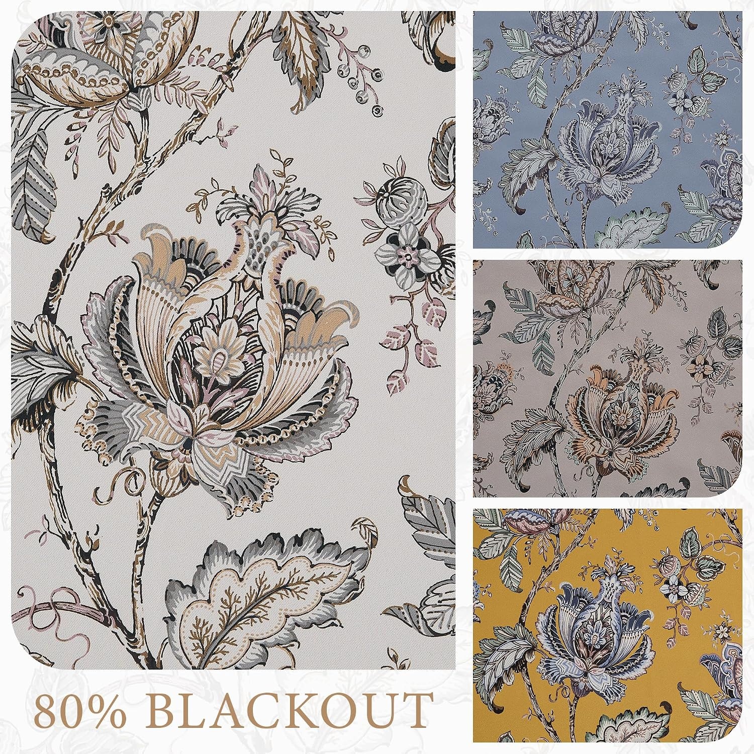 image:imageNICETOWN Boho Floral Curtains 100 Blackout for Living Room Bedroom 96 Inches Long Vintage Flower Drapes Thermal Insulated Soundproof Mid Century Botanica Grommet Window Treatment 52 W 2 PanelsFloral Off White