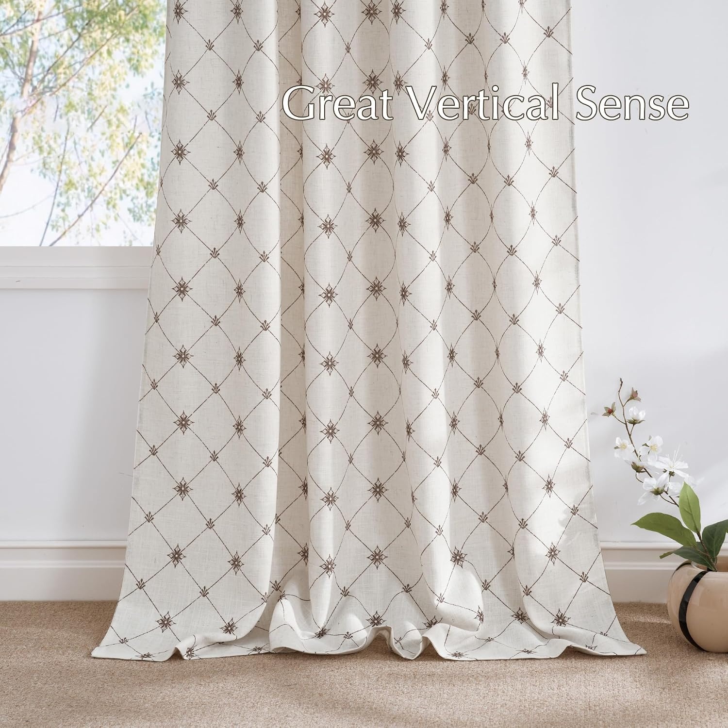 image:imageNICETOWN Farmhouse Geometric Curtains 96 inches Long Natural Linen Semi Sheer 250GSM Diamond Pattern Pocket amp Back Tab Window Treatments Light Filtering for Living Room W52 x L96 2 PanelsNatural
