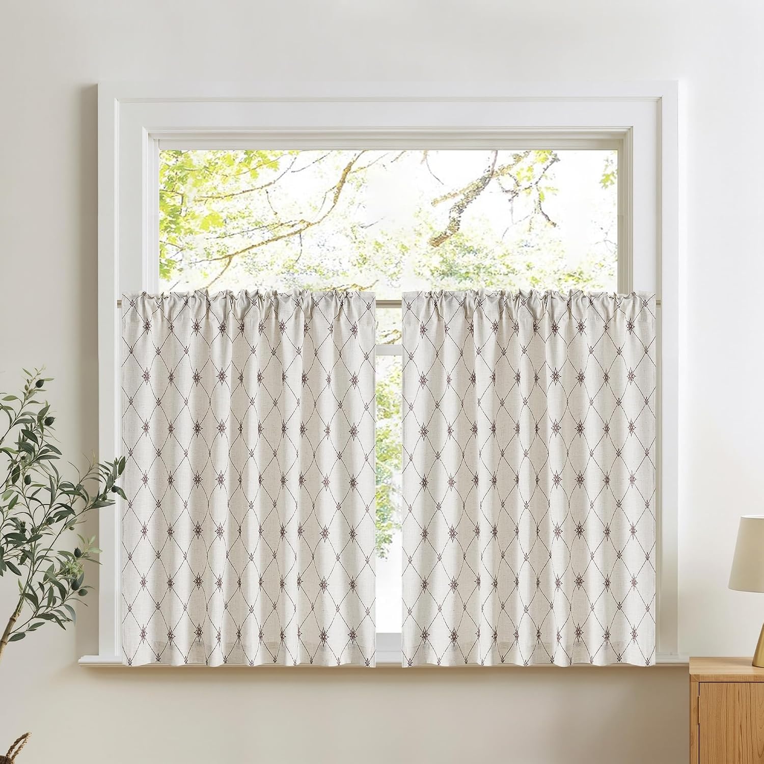 image:imageNICETOWN Farmhouse Geometric Curtains 96 inches Long Natural Linen Semi Sheer 250GSM Diamond Pattern Pocket amp Back Tab Window Treatments Light Filtering for Living Room W52 x L96 2 PanelsNatural
