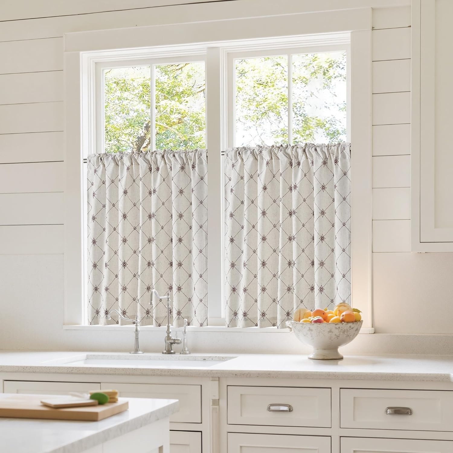 image:imageNICETOWN Farmhouse Geometric Curtains 96 inches Long Natural Linen Semi Sheer 250GSM Diamond Pattern Pocket amp Back Tab Window Treatments Light Filtering for Living Room W52 x L96 2 PanelsNatural