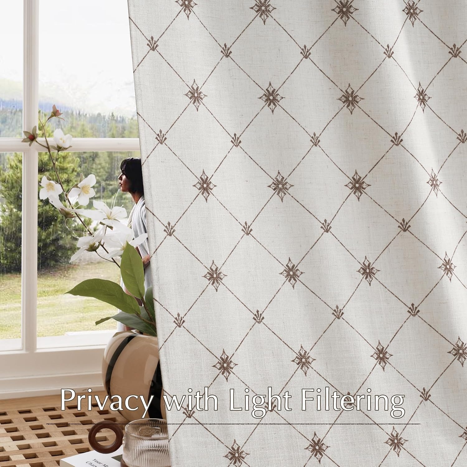 image:imageNICETOWN Farmhouse Geometric Curtains 96 inches Long Natural Linen Semi Sheer 250GSM Diamond Pattern Pocket amp Back Tab Window Treatments Light Filtering for Living Room W52 x L96 2 PanelsNatural
