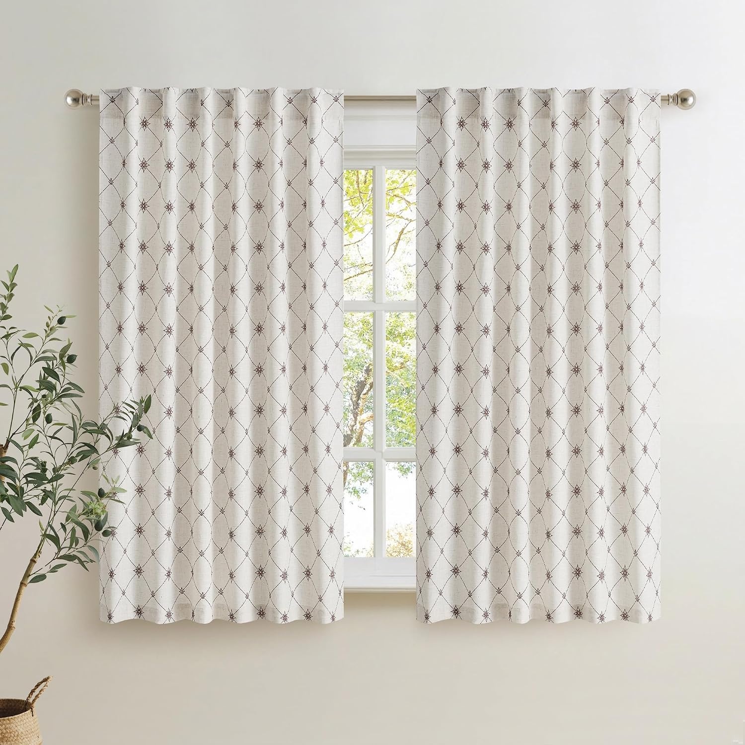image:imageNICETOWN Farmhouse Geometric Curtains 96 inches Long Natural Linen Semi Sheer 250GSM Diamond Pattern Pocket amp Back Tab Window Treatments Light Filtering for Living Room W52 x L96 2 PanelsNatural