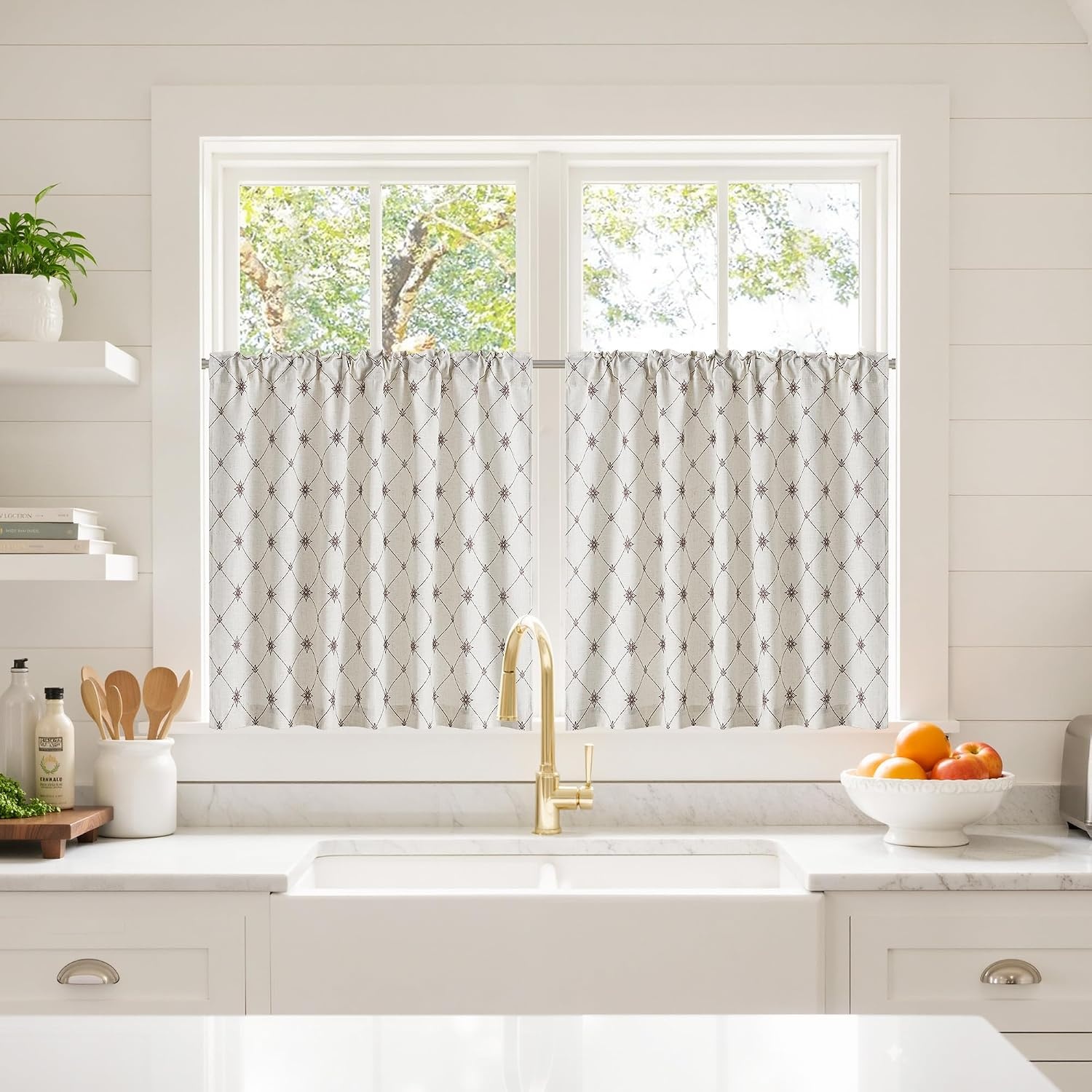 image:imageNICETOWN Farmhouse Geometric Curtains 96 inches Long Natural Linen Semi Sheer 250GSM Diamond Pattern Pocket amp Back Tab Window Treatments Light Filtering for Living Room W52 x L96 2 PanelsNatural