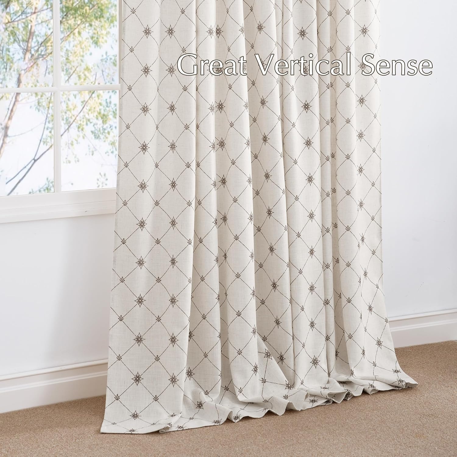 image:imageNICETOWN Farmhouse Geometric Curtains 96 inches Long Natural Linen Semi Sheer 250GSM Diamond Pattern Pocket amp Back Tab Window Treatments Light Filtering for Living Room W52 x L96 2 PanelsNatural