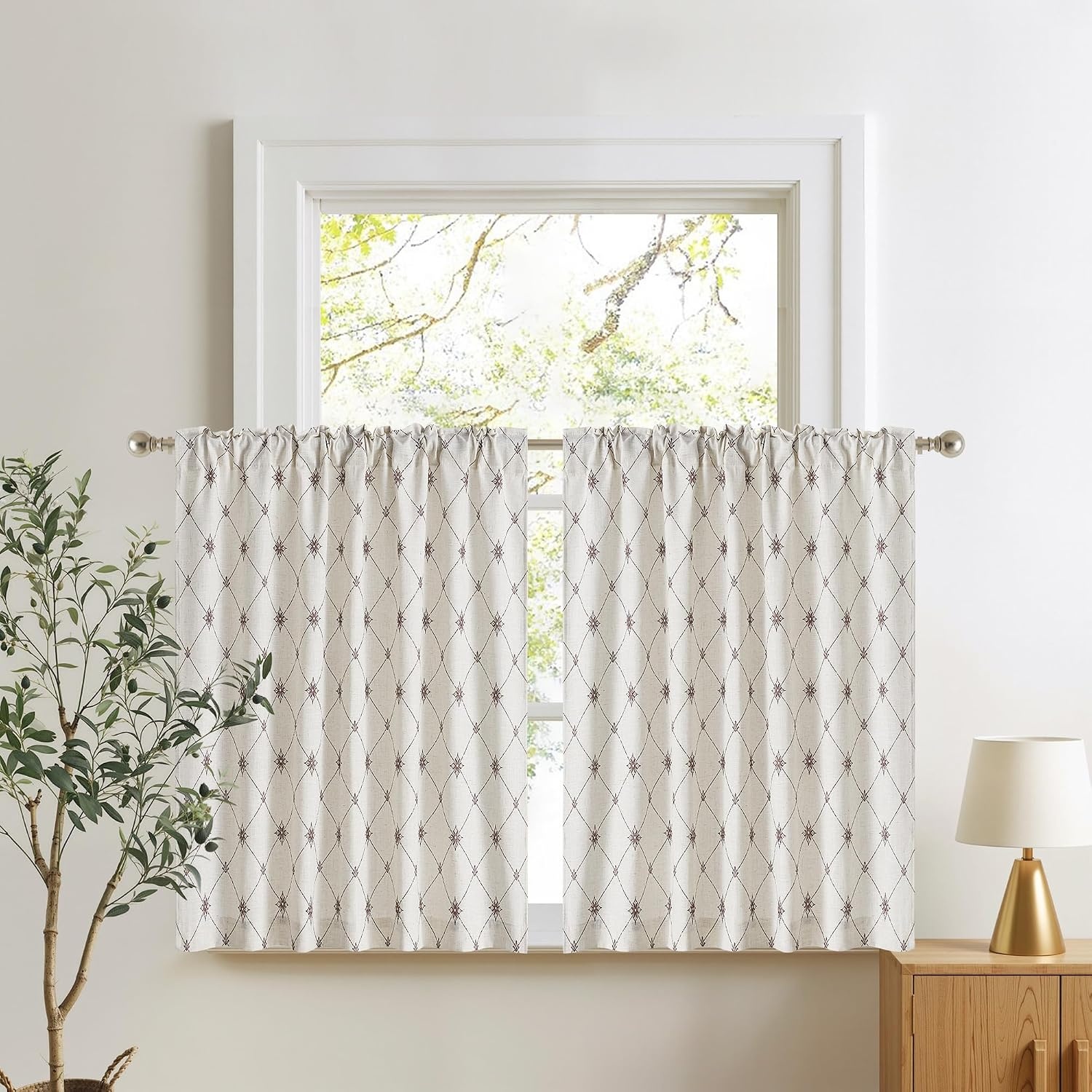 image:imageNICETOWN Farmhouse Geometric Curtains 96 inches Long Natural Linen Semi Sheer 250GSM Diamond Pattern Pocket amp Back Tab Window Treatments Light Filtering for Living Room W52 x L96 2 PanelsNatural