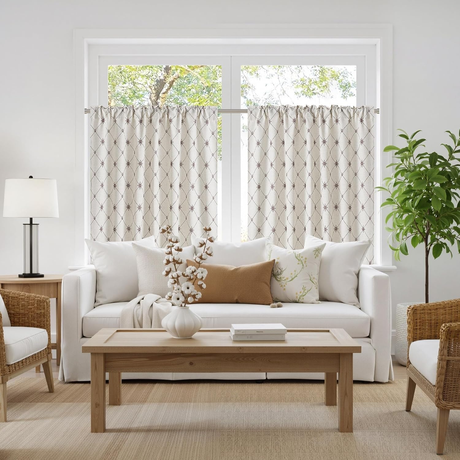 image:imageNICETOWN Farmhouse Geometric Curtains 96 inches Long Natural Linen Semi Sheer 250GSM Diamond Pattern Pocket amp Back Tab Window Treatments Light Filtering for Living Room W52 x L96 2 PanelsNatural