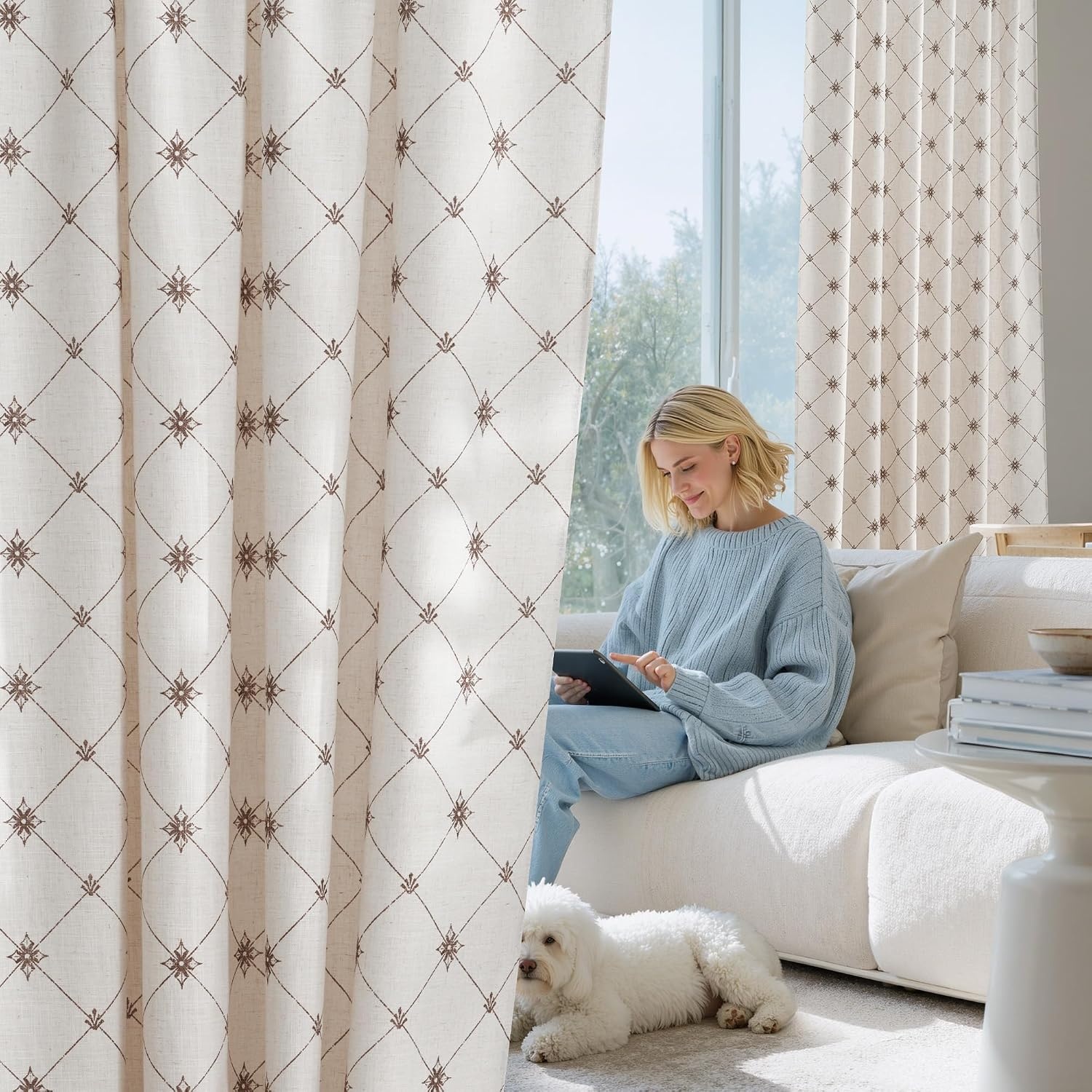 image:imageNICETOWN Farmhouse Geometric Curtains 96 inches Long Natural Linen Semi Sheer 250GSM Diamond Pattern Pocket amp Back Tab Window Treatments Light Filtering for Living Room W52 x L96 2 PanelsNatural