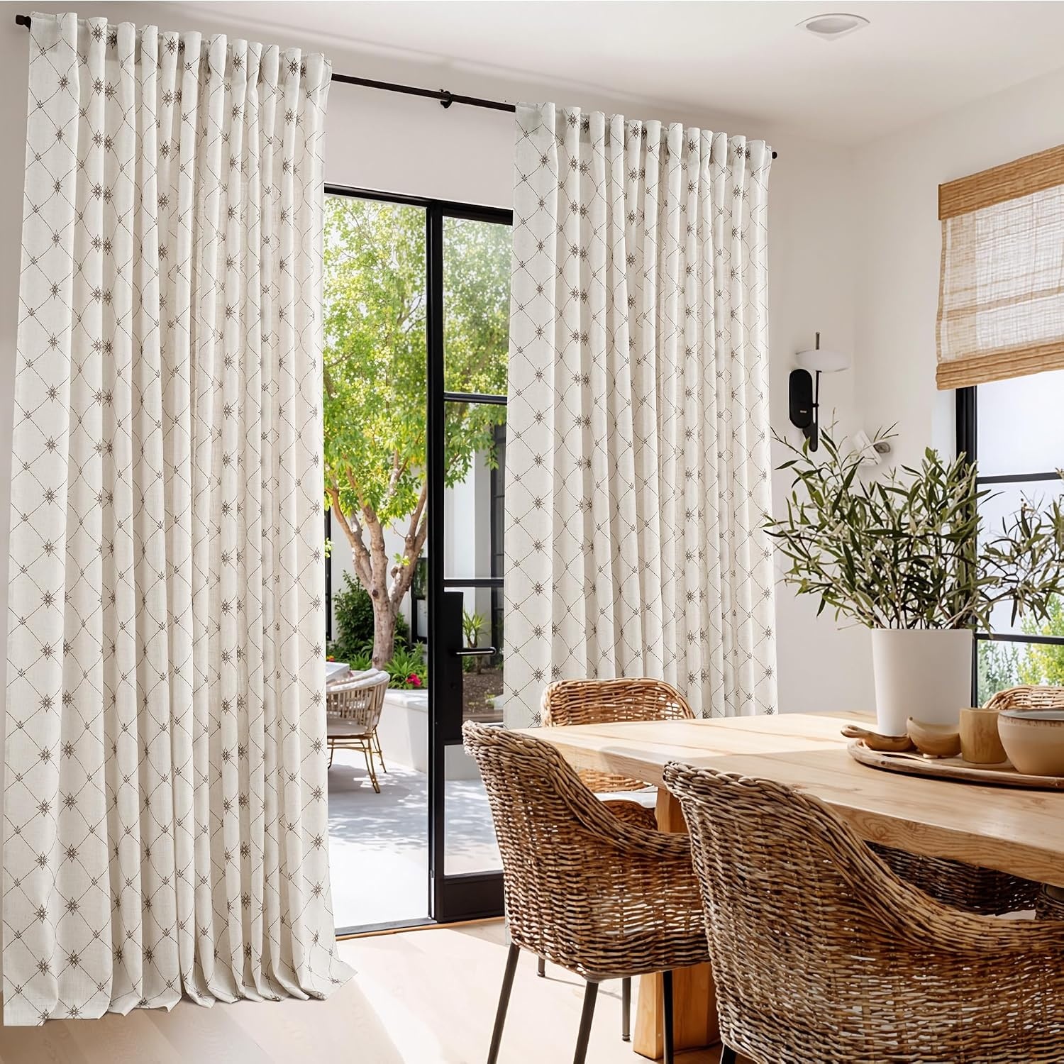 image:imageNICETOWN Farmhouse Geometric Curtains 96 inches Long Natural Linen Semi Sheer 250GSM Diamond Pattern Pocket amp Back Tab Window Treatments Light Filtering for Living Room W52 x L96 2 PanelsNatural