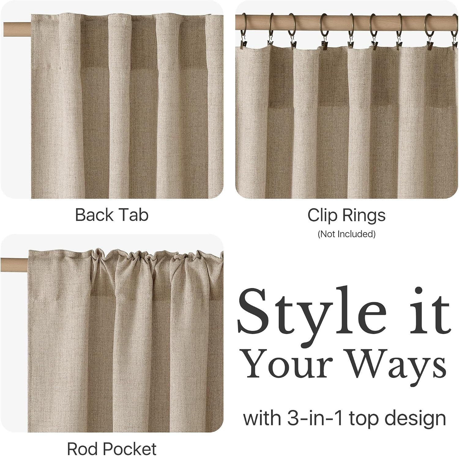 image:imageNICETOWN Natural Faux Linen Curtains 63 Inch Length 2 Panels W55xL63Khaki