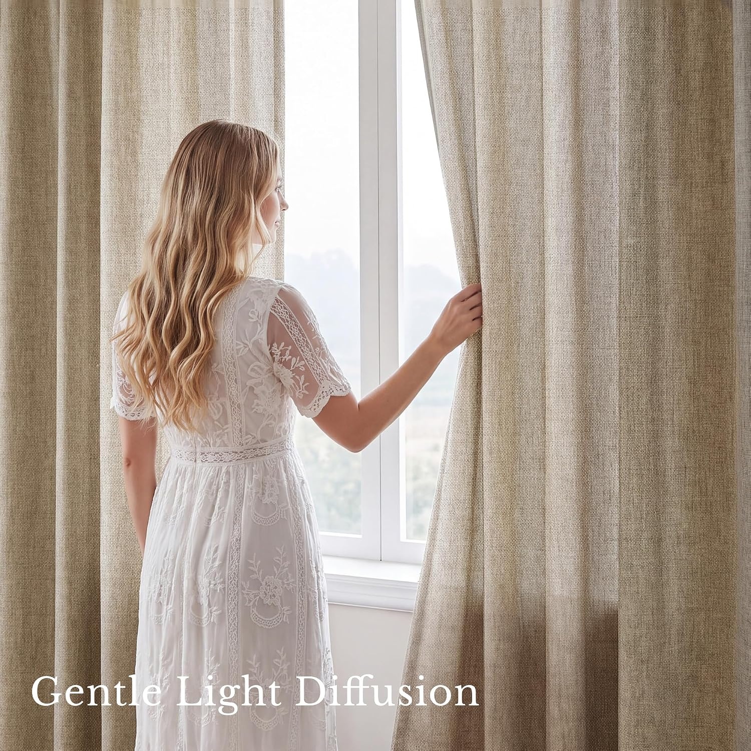 image:imageNICETOWN Natural Faux Linen Curtains 63 Inch Length 2 Panels W55xL63Khaki