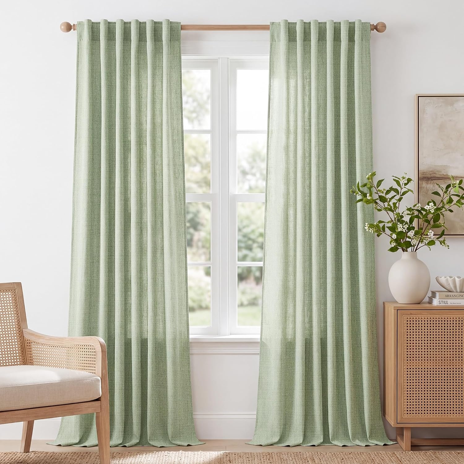 image:imageNICETOWN Natural Faux Linen Curtains 63 Inch Length 2 Panels W55xL63Sage Green