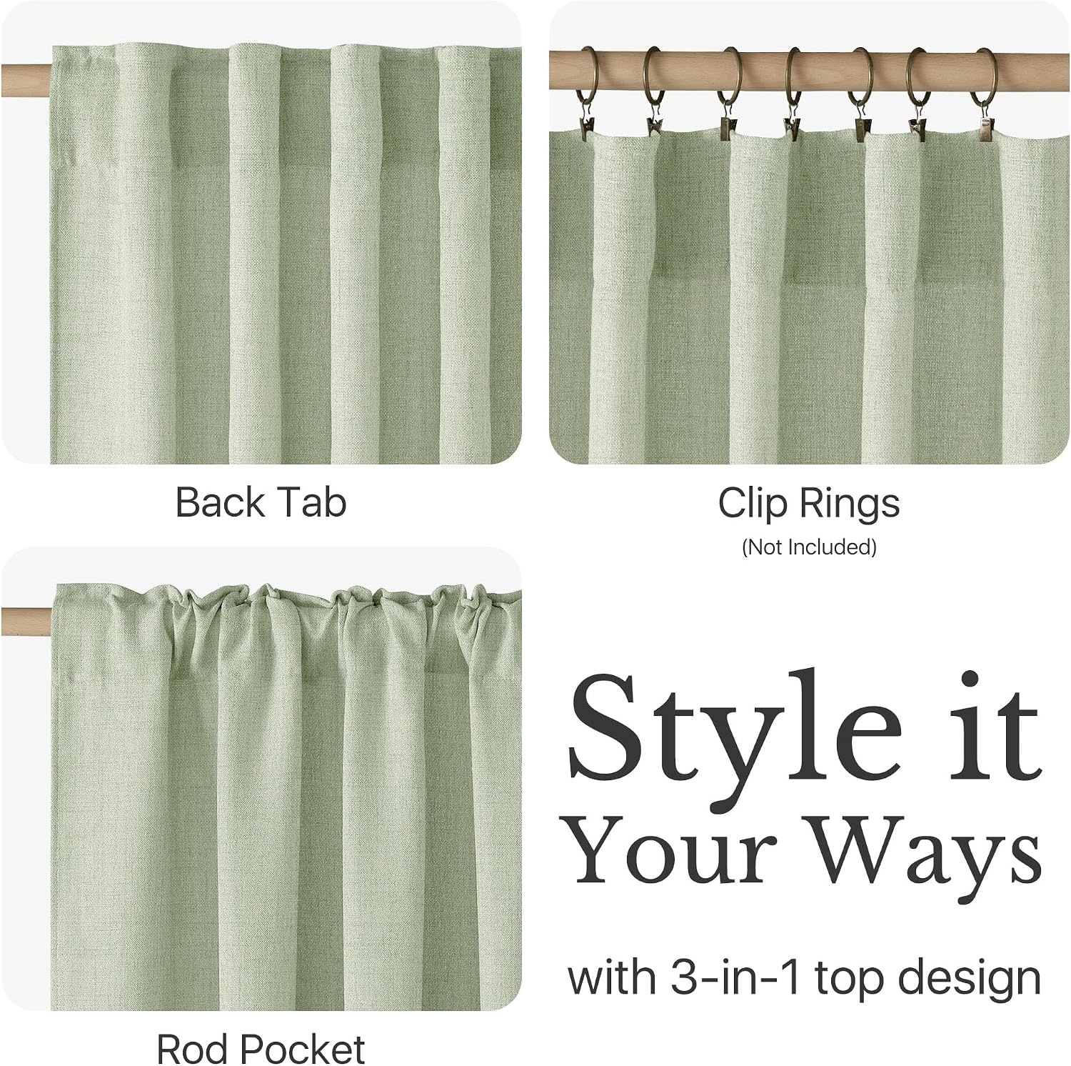 image:imageNICETOWN Natural Faux Linen Curtains 63 Inch Length 2 Panels W55xL63Sage Green