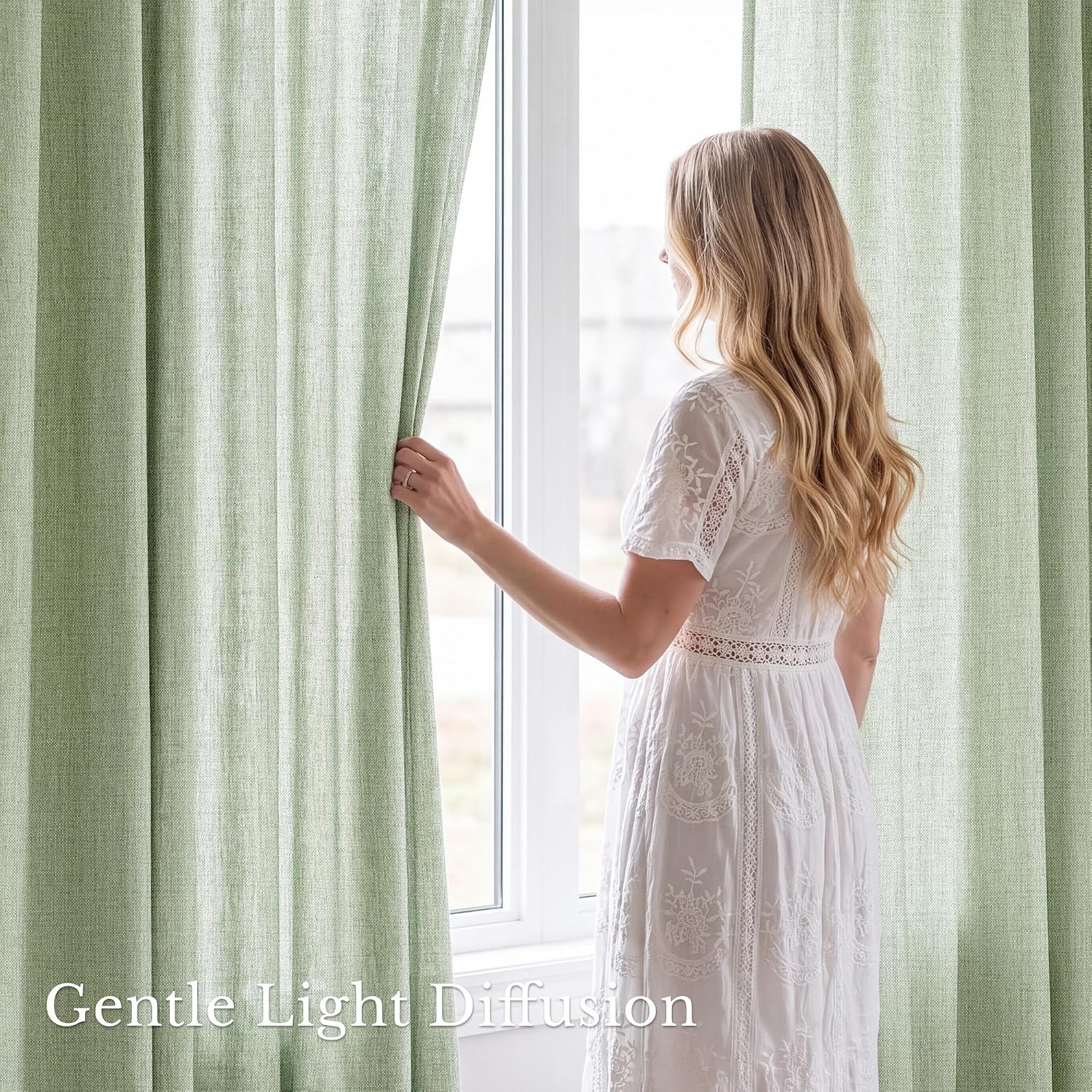 image:imageNICETOWN Natural Faux Linen Curtains 63 Inch Length 2 Panels W55xL63Sage Green
