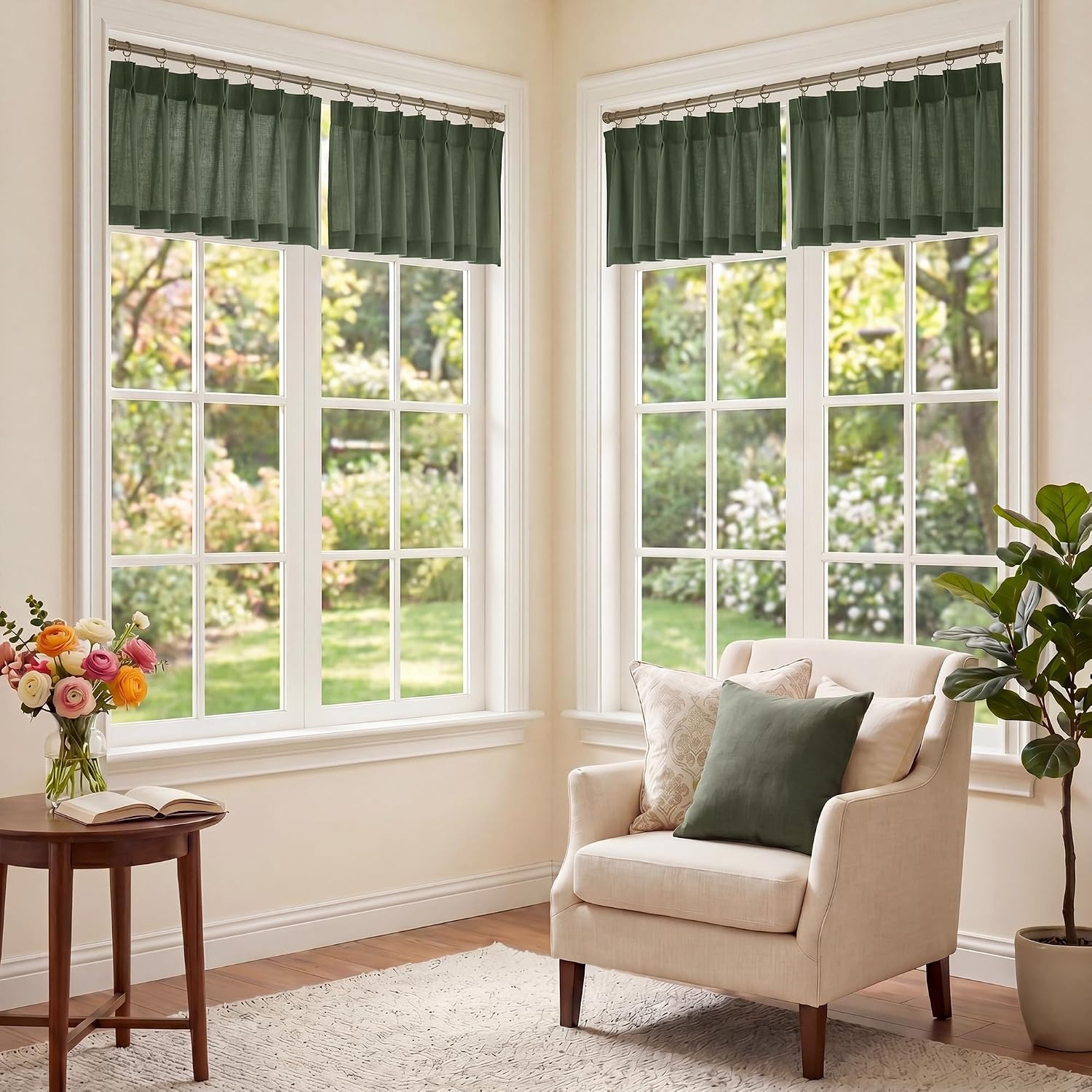 image:imageNICETOWN Natural Pinch Pleated Linen Kitchen Window CurtainsForest Green