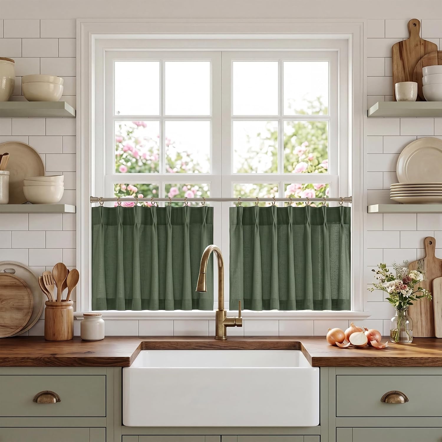 image:imageNICETOWN Natural Pinch Pleated Linen Kitchen Window CurtainsForest Green
