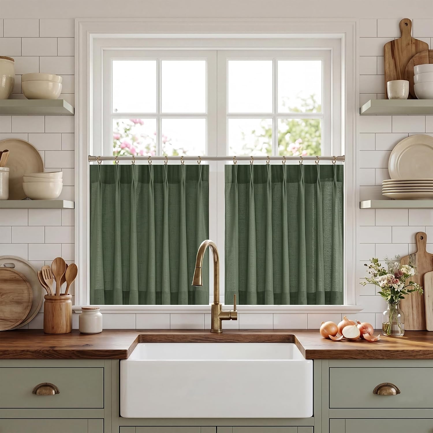 image:imageNICETOWN Natural Pinch Pleated Linen Kitchen Window CurtainsForest Green