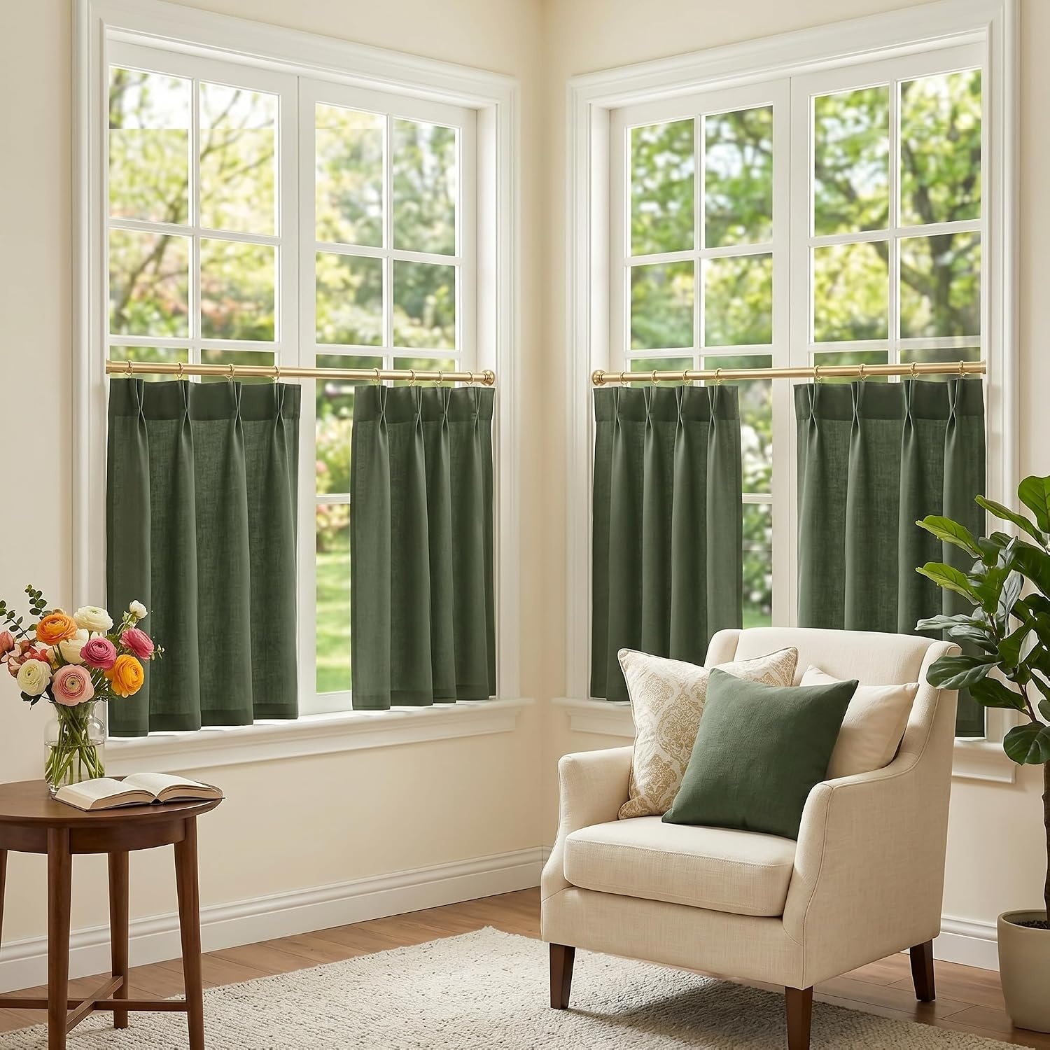 image:imageNICETOWN Natural Pinch Pleated Linen Kitchen Window CurtainsForest Green