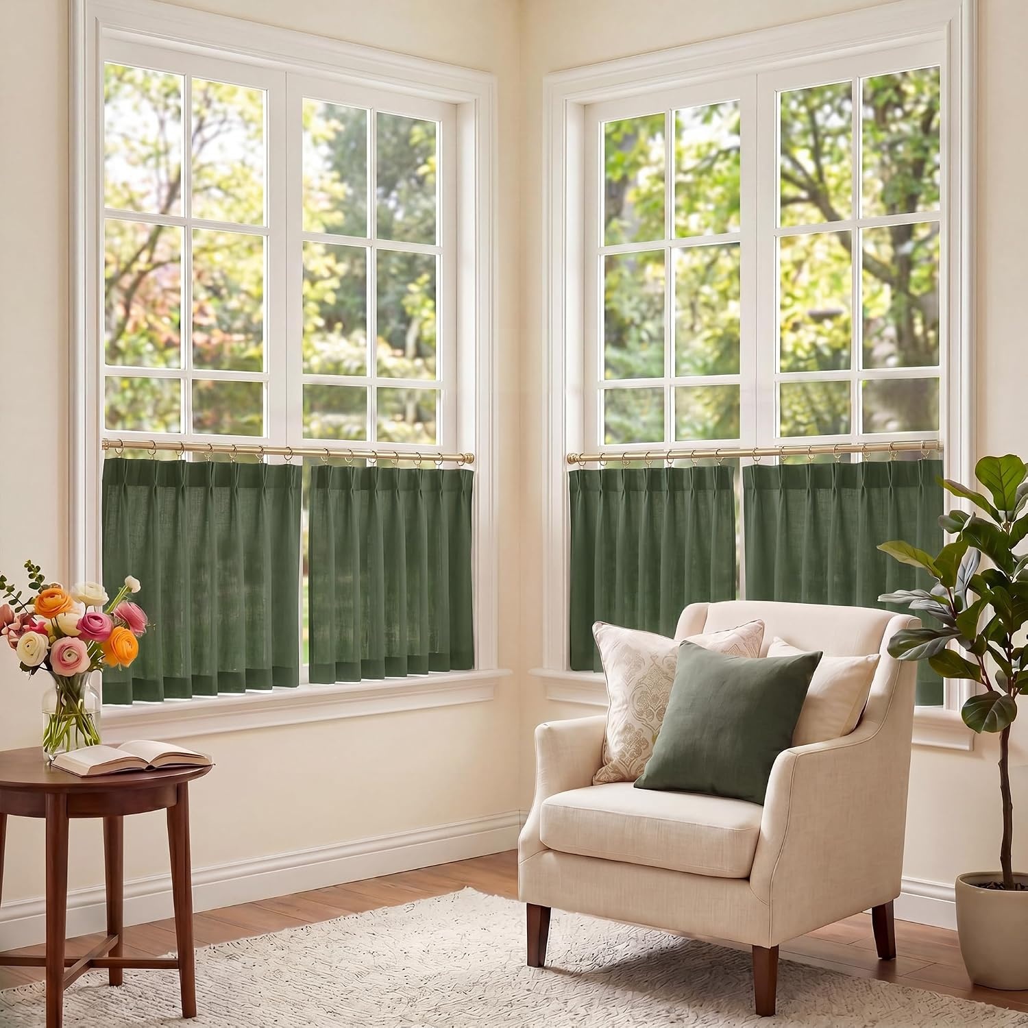 image:imageNICETOWN Natural Pinch Pleated Linen Kitchen Window CurtainsForest Green