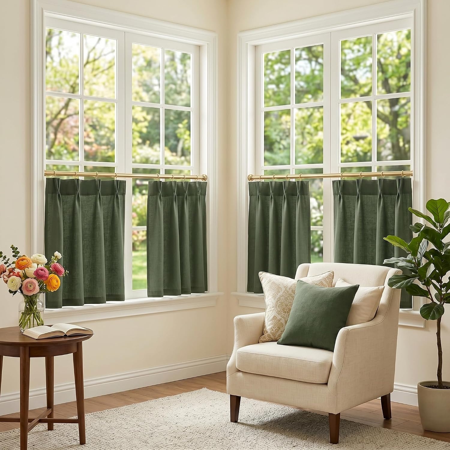 image:imageNICETOWN Natural Pinch Pleated Linen Kitchen Window CurtainsForest Green