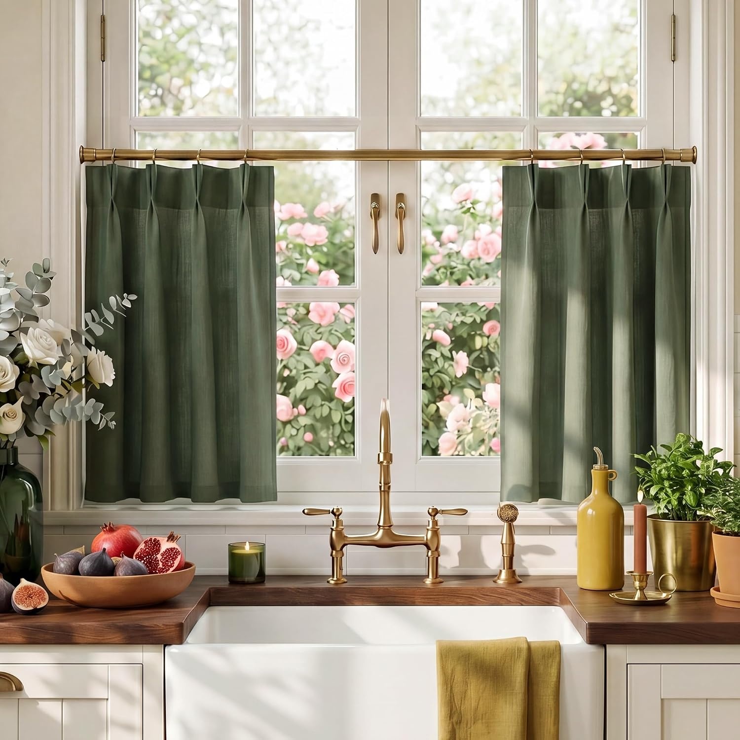 image:imageNICETOWN Natural Pinch Pleated Linen Kitchen Window CurtainsForest Green