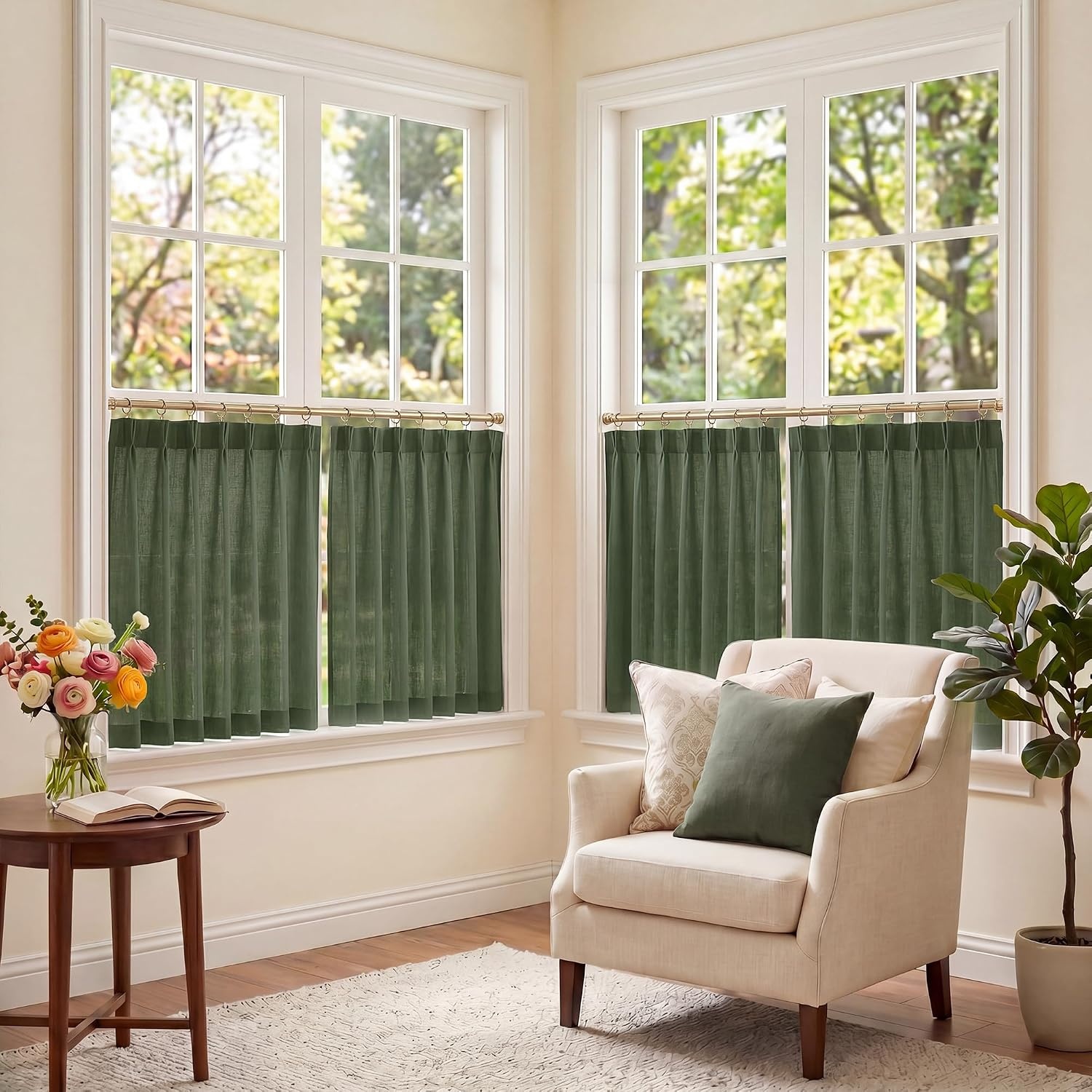 image:imageNICETOWN Natural Pinch Pleated Linen Kitchen Window CurtainsForest Green
