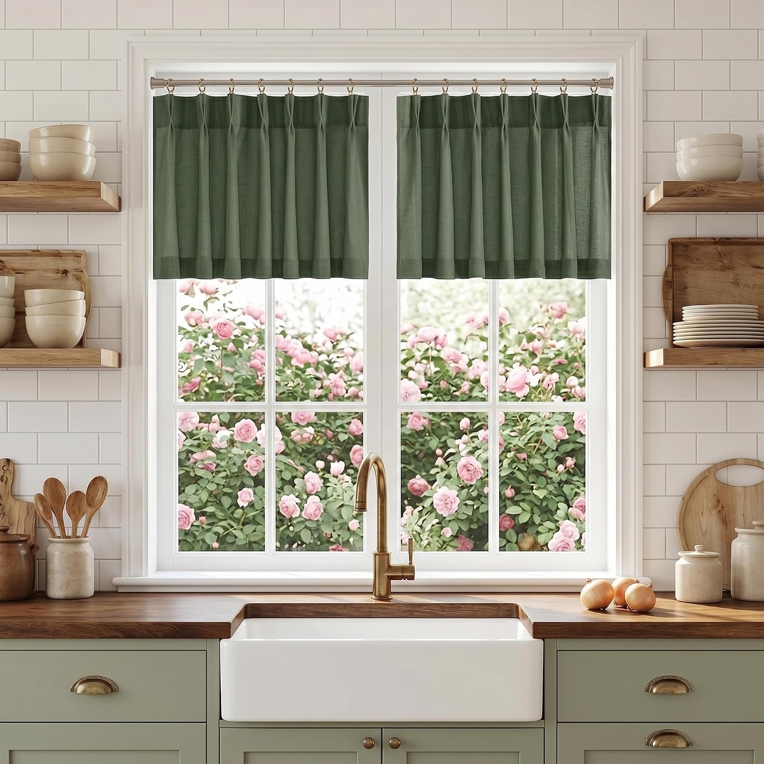image:imageNICETOWN Natural Pinch Pleated Linen Kitchen Window CurtainsForest Green