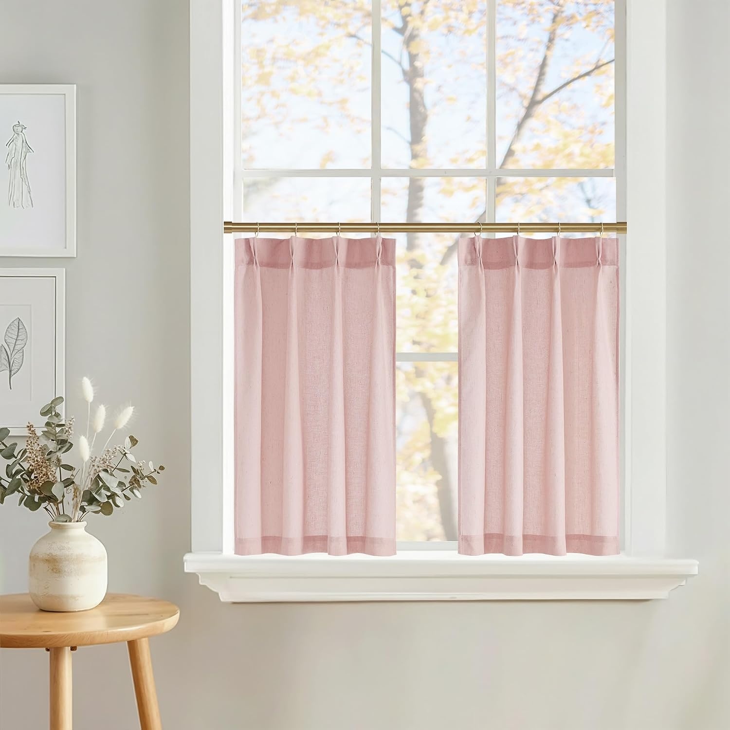 image:imageNICETOWN Natural Pinch Pleated Linen Kitchen Window CurtainsLight Pink