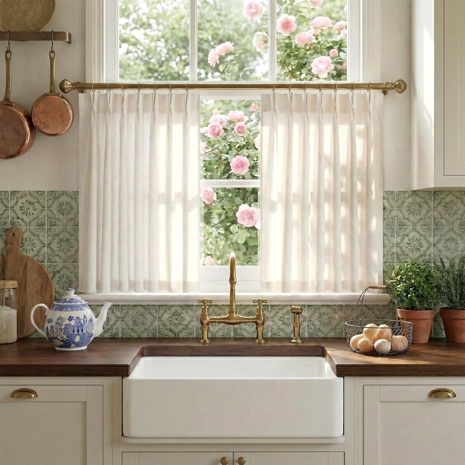 image:imageNICETOWN Natural Pinch Pleated Linen Kitchen Window CurtainsNatural