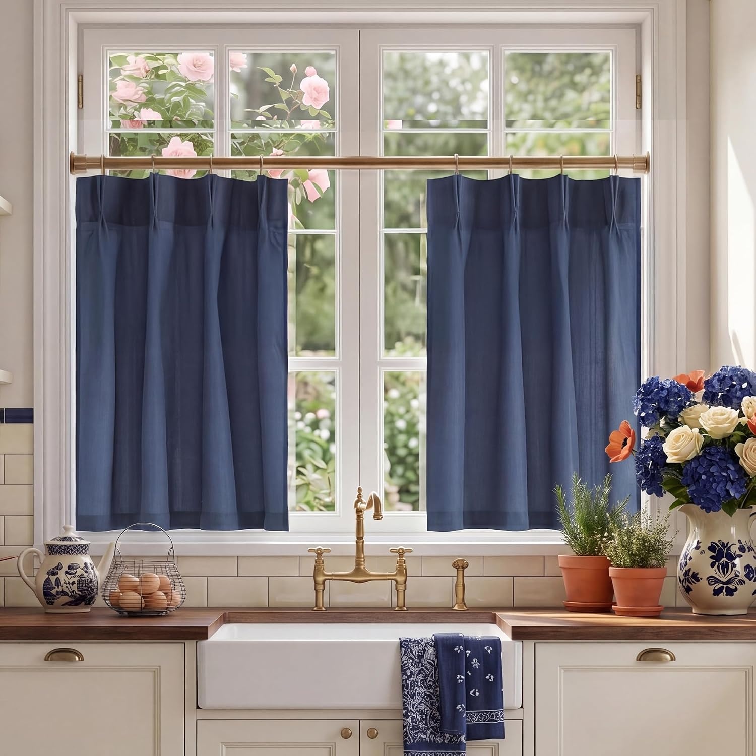 image:imageNICETOWN Natural Pinch Pleated Linen Kitchen Window CurtainsNavy Blue
