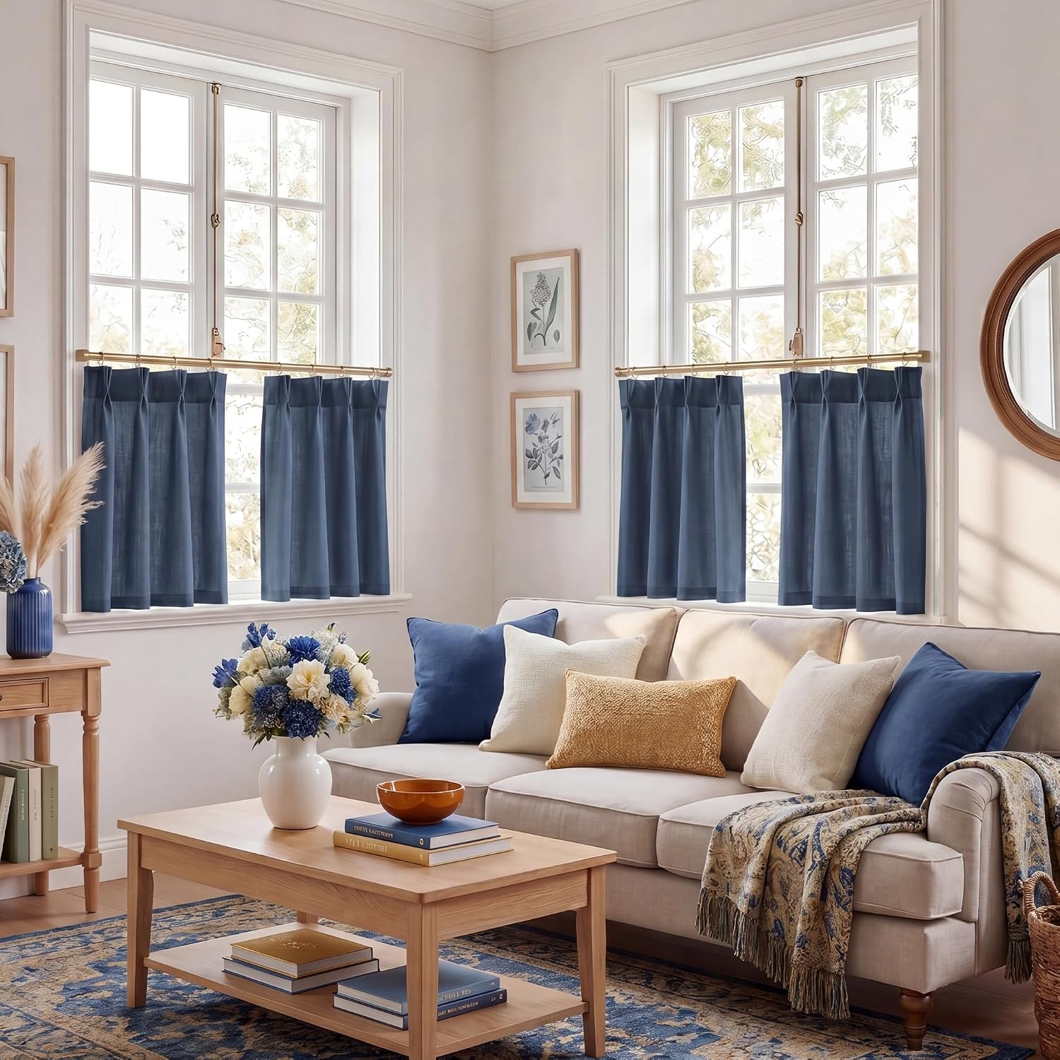image:imageNICETOWN Natural Pinch Pleated Linen Kitchen Window CurtainsNavy Blue