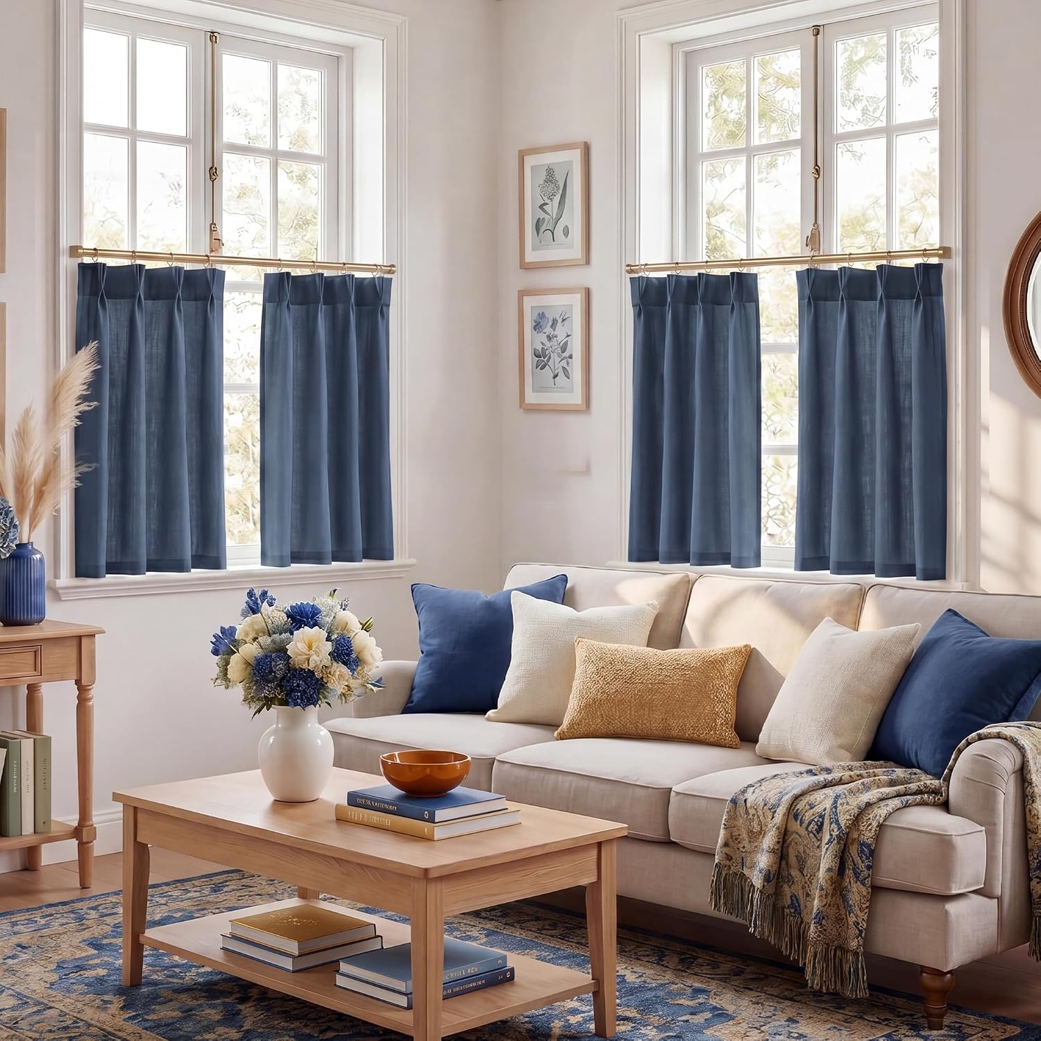 image:imageNICETOWN Natural Pinch Pleated Linen Kitchen Window CurtainsNavy Blue